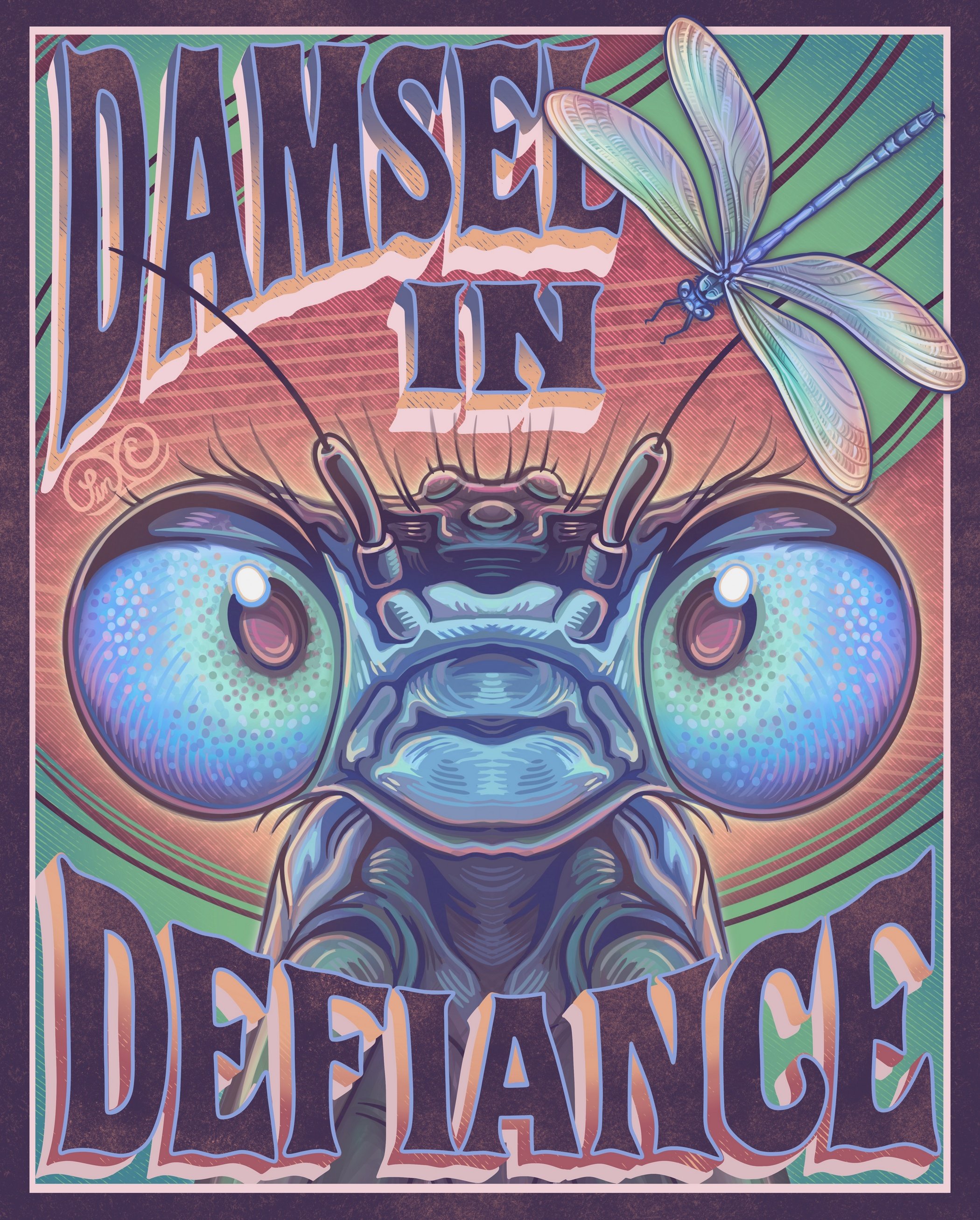 "Damsel in defiance." Digital painting of a damselfly face. Made using Procreate. (2025)