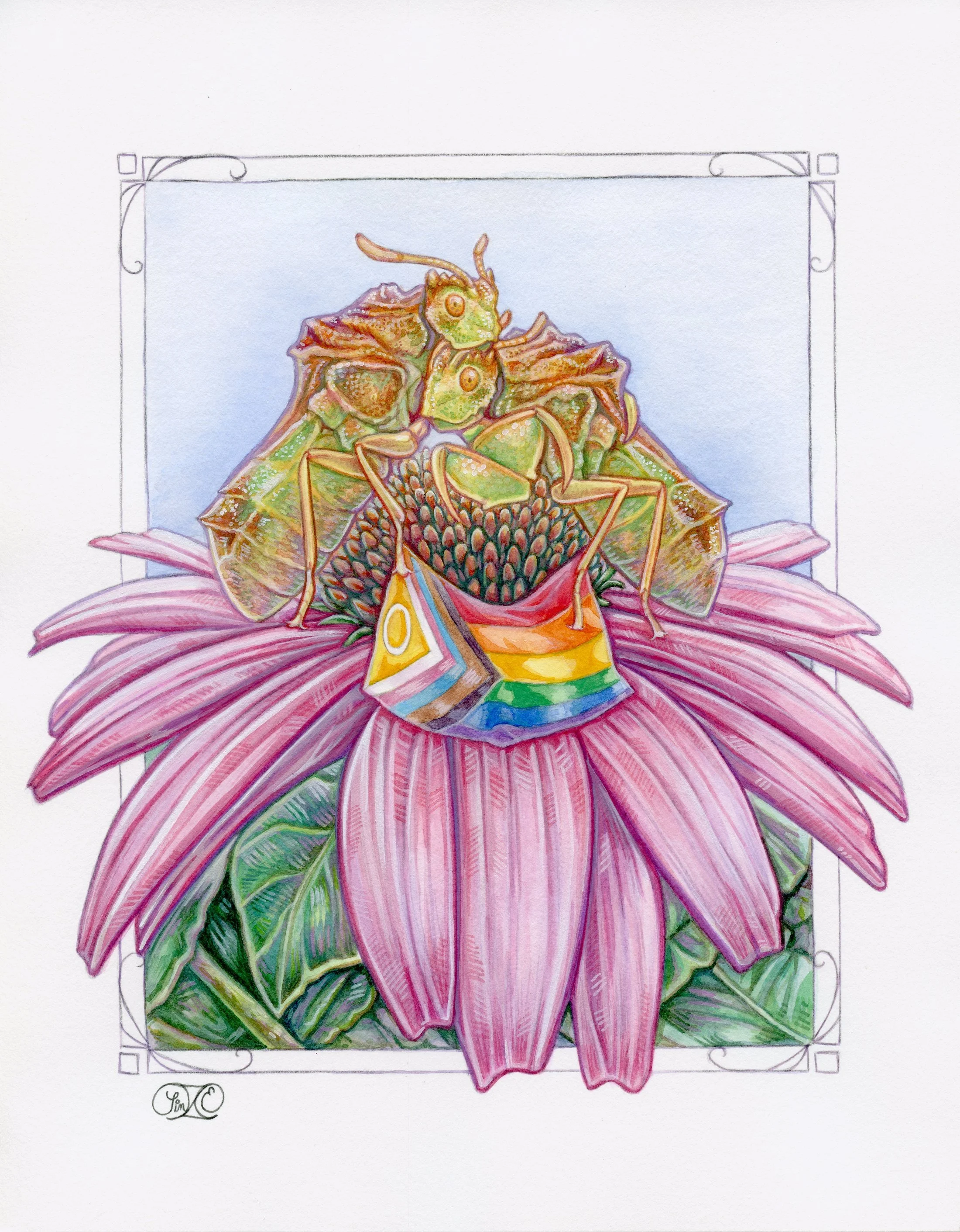 "Cuddling Ambush Bugs." Watercolor and gouache on cotton paper. 8x10" Commissioned work. (2025)