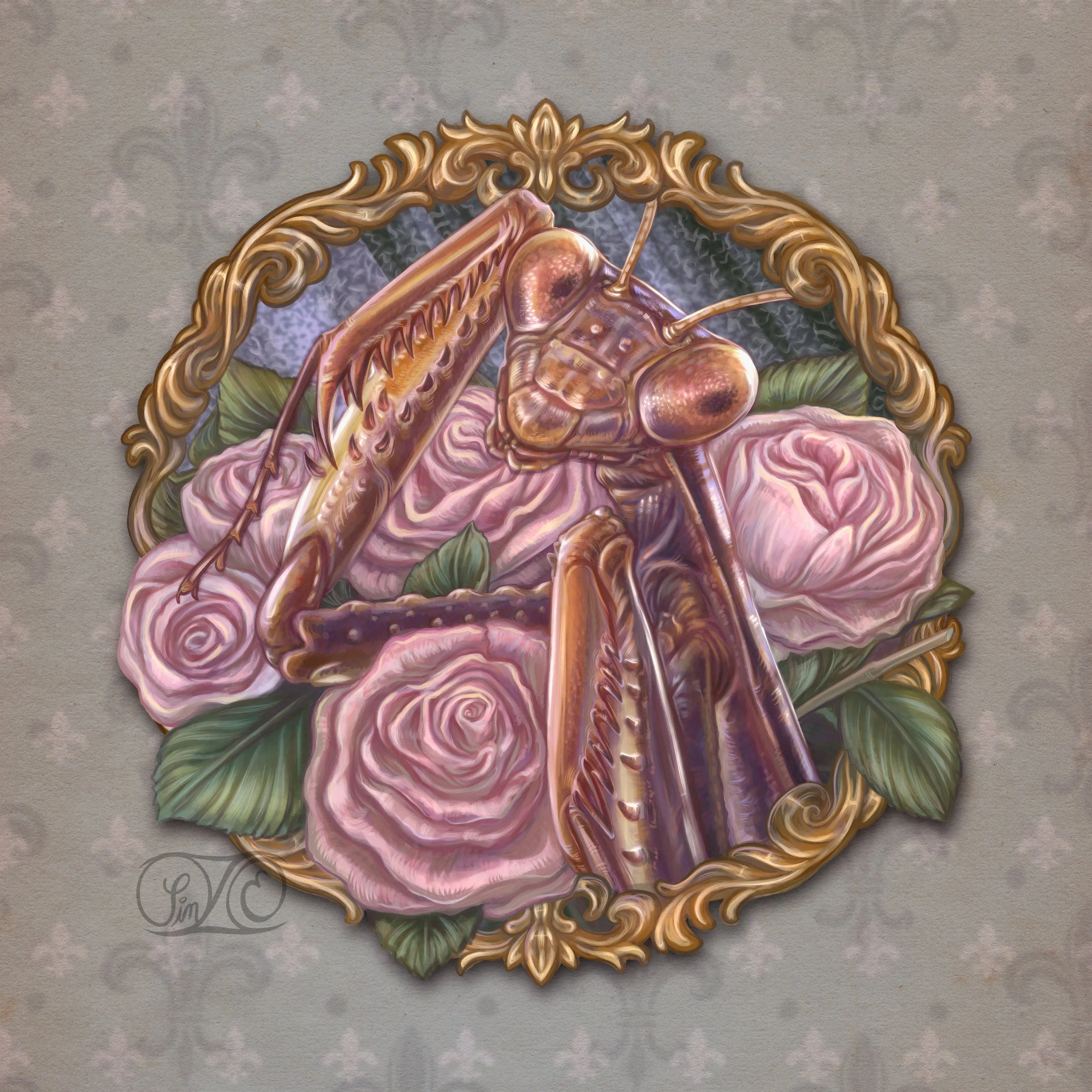 "Victorian Mantis religiosa." Digital painting. Made using Procreate. (2023)