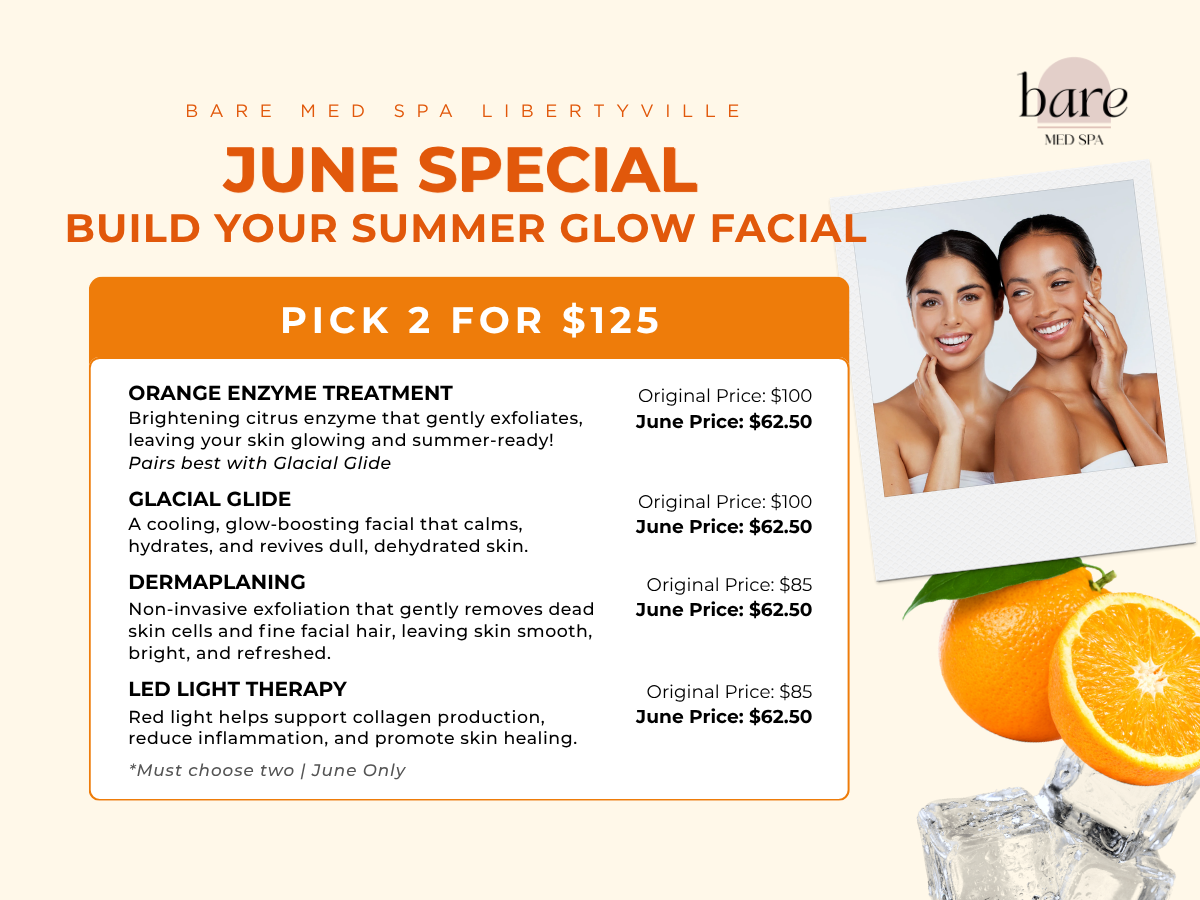 Bright orange summer skincare promotion featuring Bare Med Spa's June Facial Special. Choose any 2 treatments for $125, including an Orange Enzyme Treatment, Dermaplaning, Glacial Glide, and LED Light Therapy.