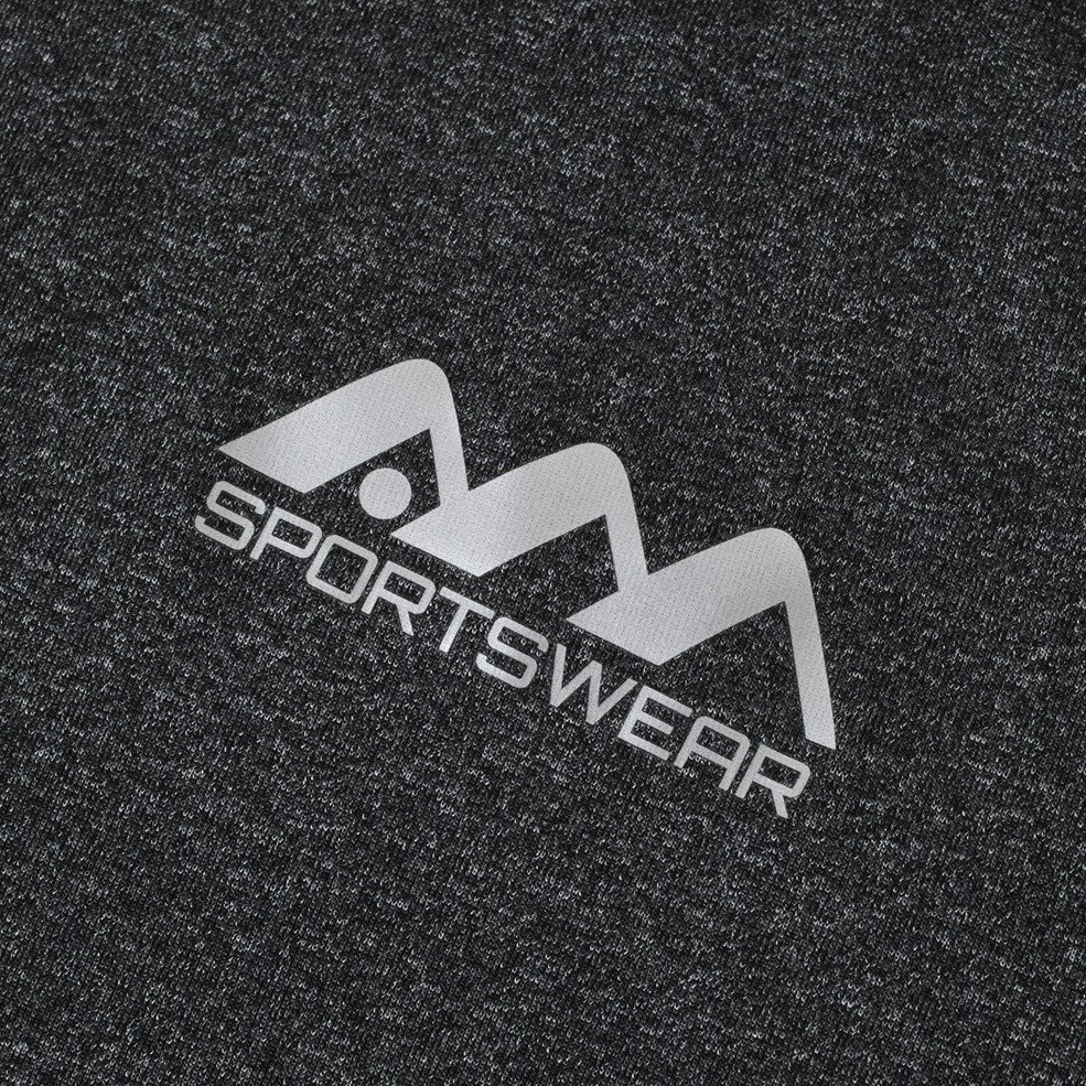 A close-up of a black fabric with a sportswear logo featuring mountain peaks and the word 'SPORTSWEAR' printed on it.