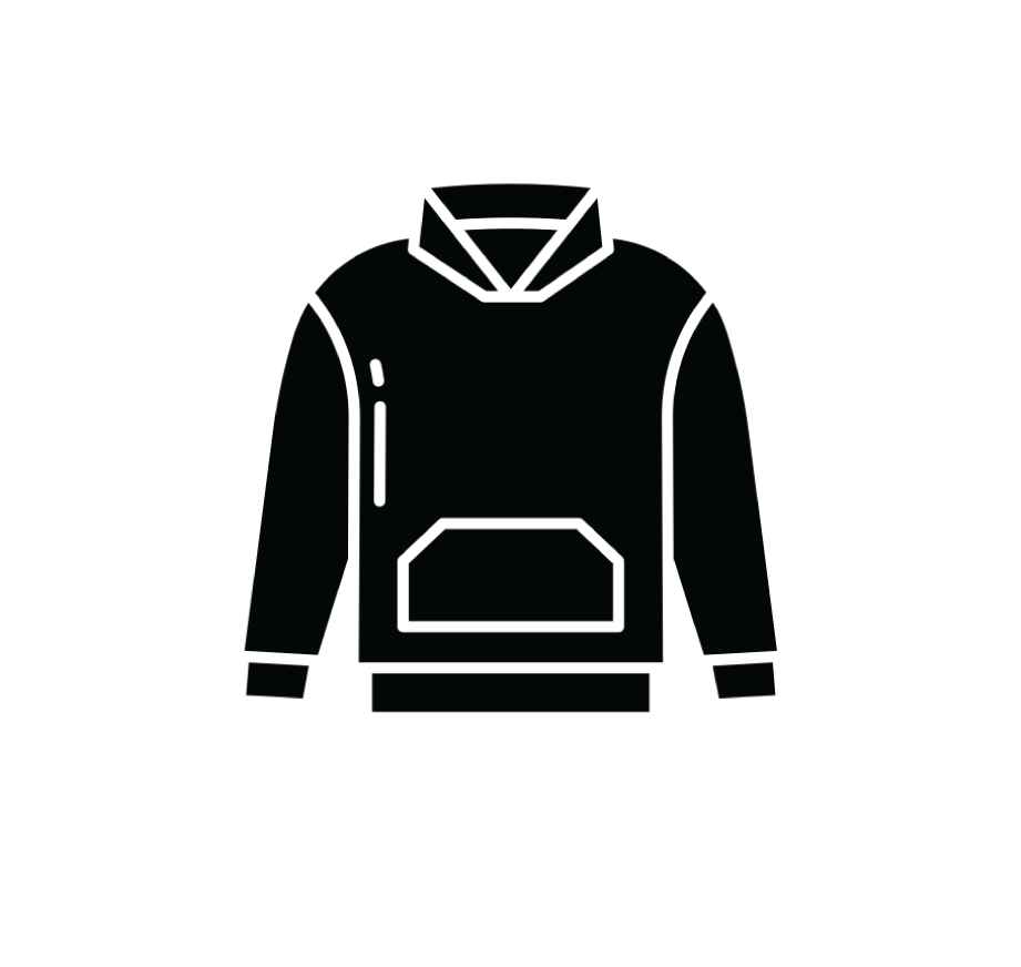 Outline of a black hoodie with a front pocket, shown on a transparent background.