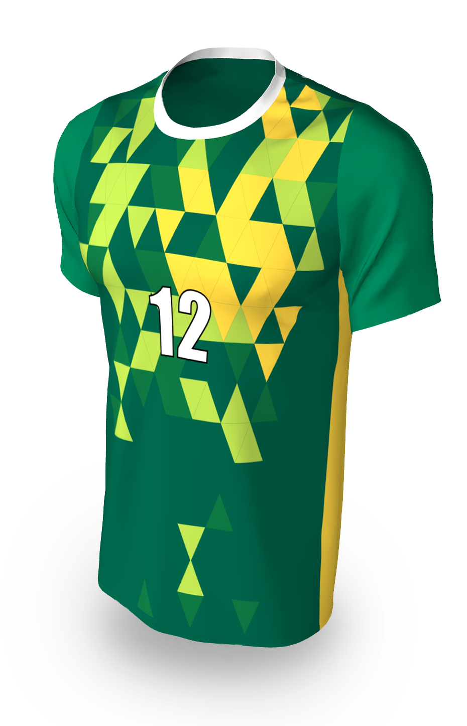 A sports jersey featuring a green, yellow, and dark green geometric triangle pattern with a white number 12 on the front.