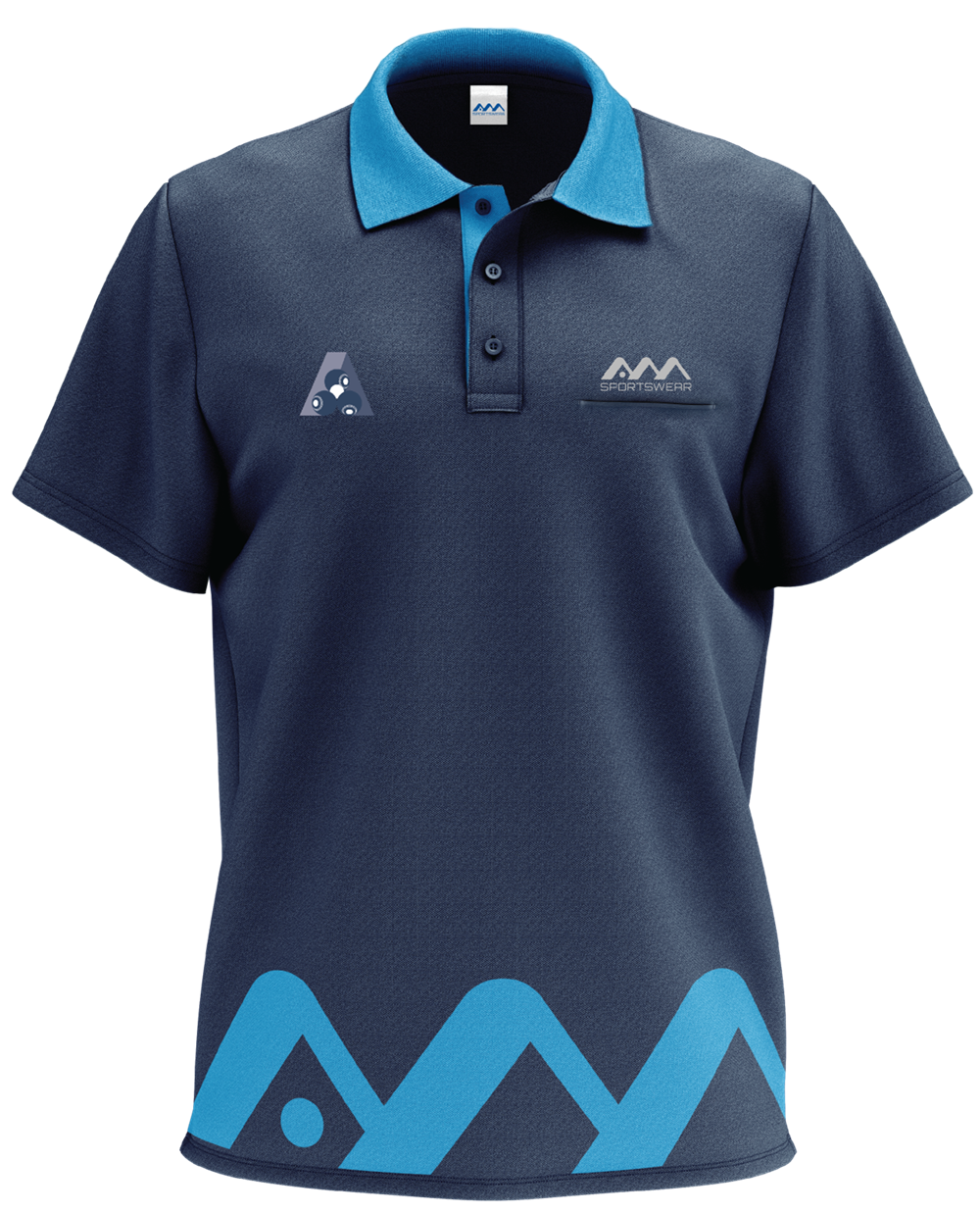 Navy blue sportswear polo shirt with light blue collar and accents, featuring logos on the chest, including a mountain graphic, and geometric mountain patterns at the bottom.