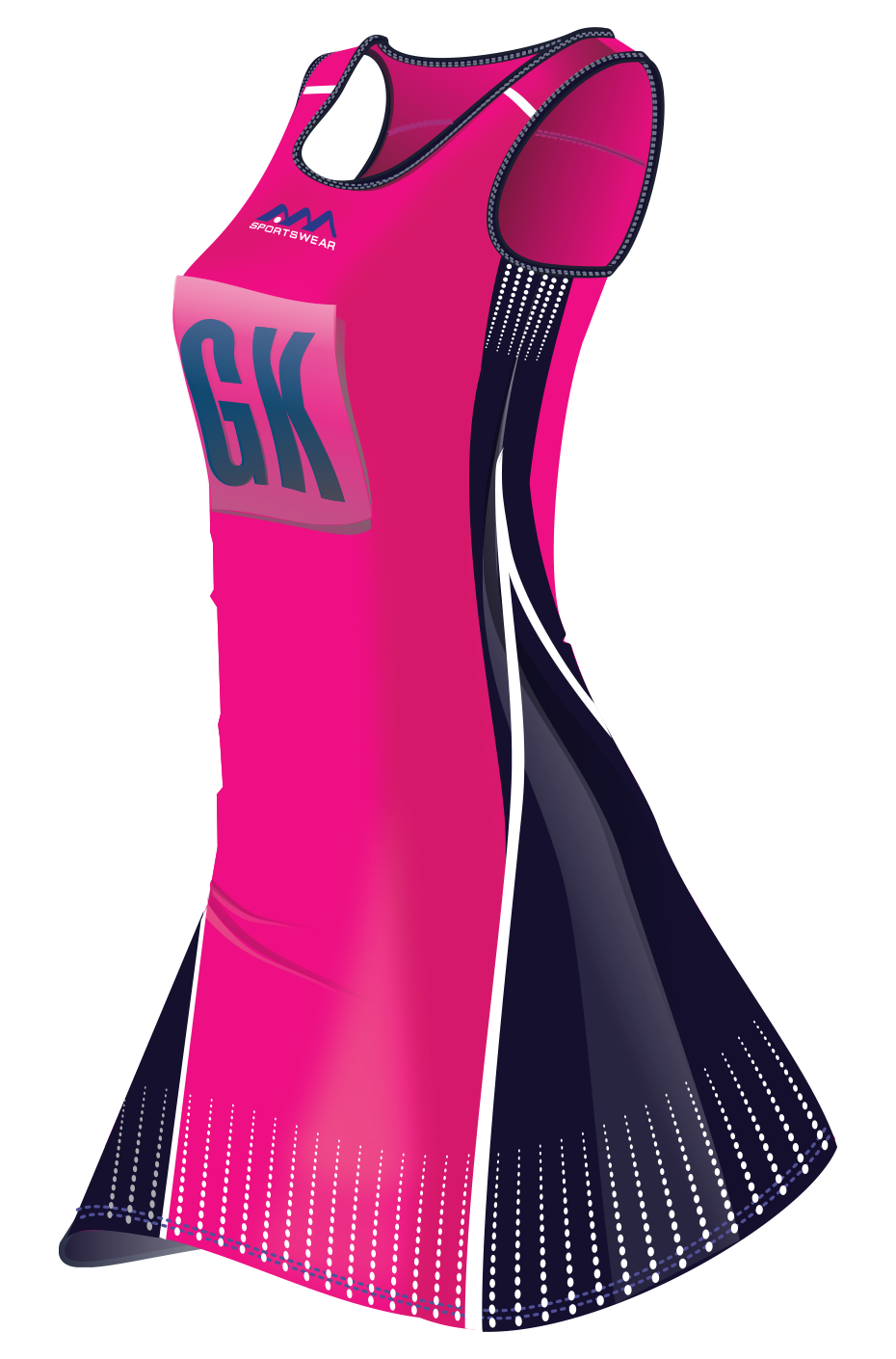 Digital illustration of a pink sports dress with black and white accents, featuring the text 'GK' and a 'Sportswear' logo.