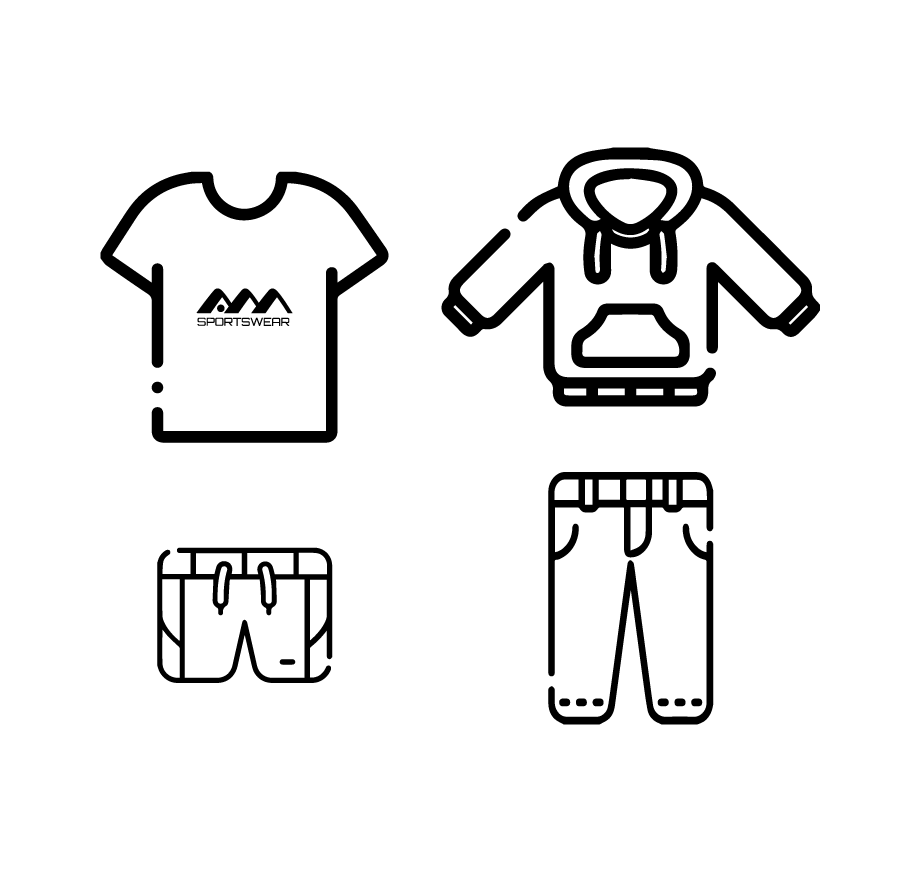 Silhouettes of a t-shirt, hoodie, shorts, and pants, all in black and white style.