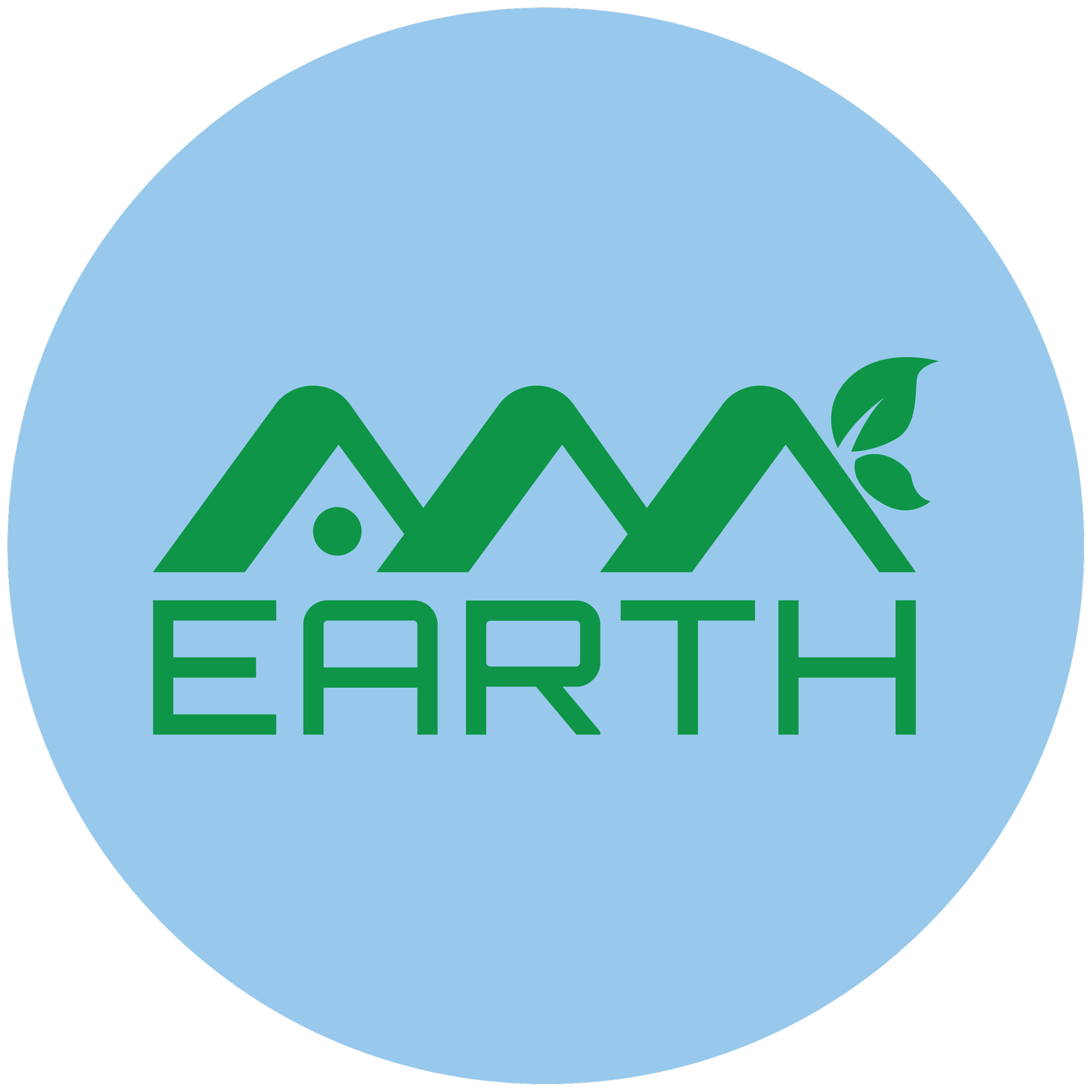 A circular logo with a light blue background, featuring green stylized mountains, a small person, and a leaf with the word "EARTH" underneath.