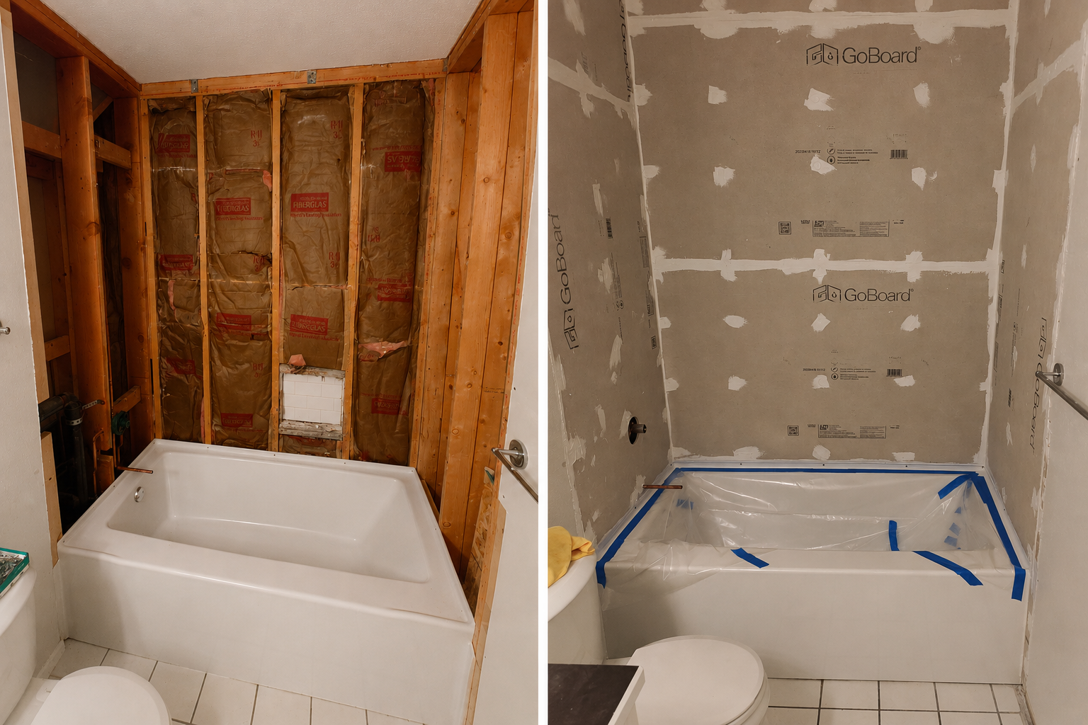 GoBoard tile backer installed around a new bathtub during an Arvada Colorado bathroom remodeling project.