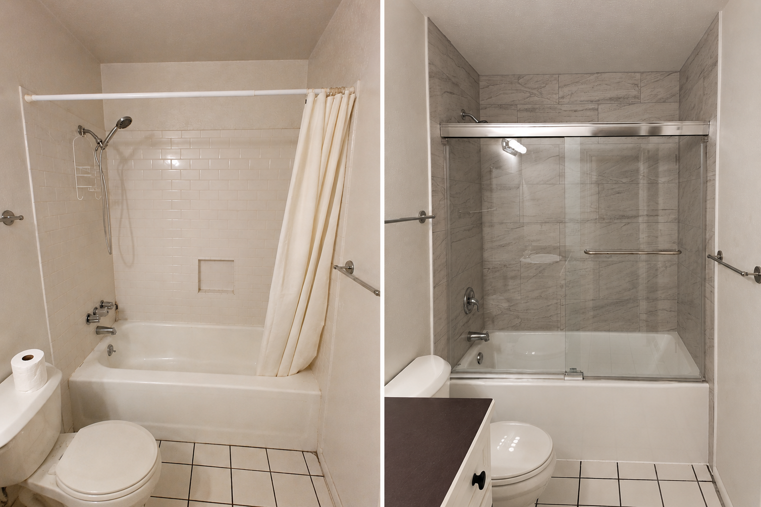 Before photo of aging white tile bathtub surround prior to replacement in an Arvada Colorado home.
