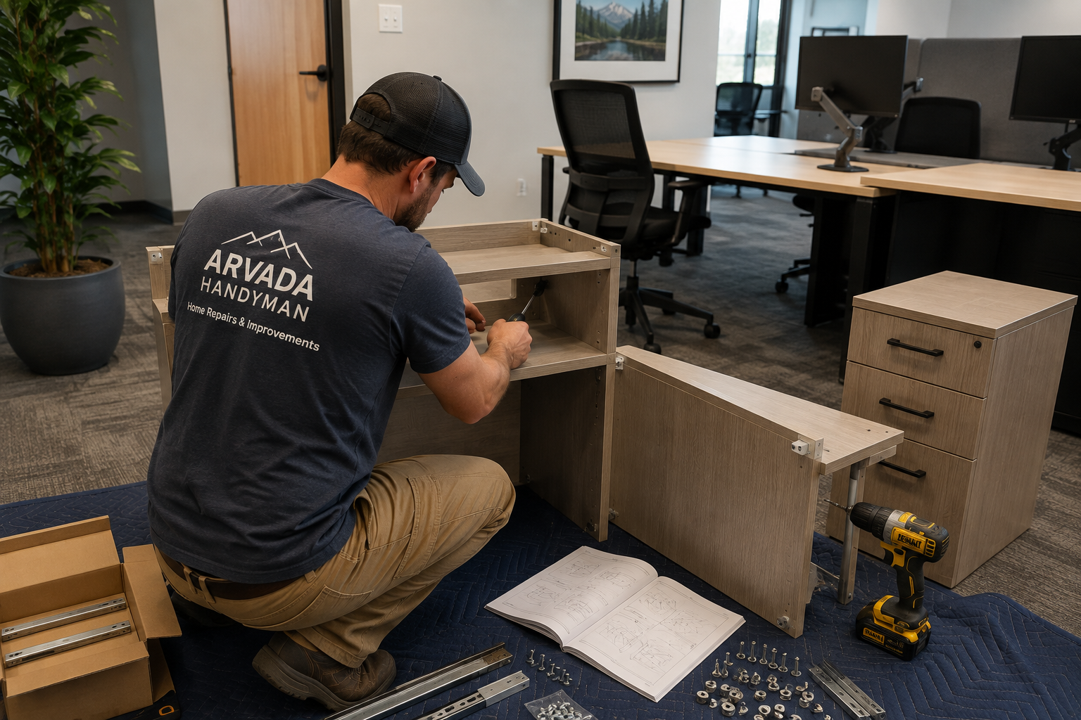 Office desks and chairs assembled at an Arvada business