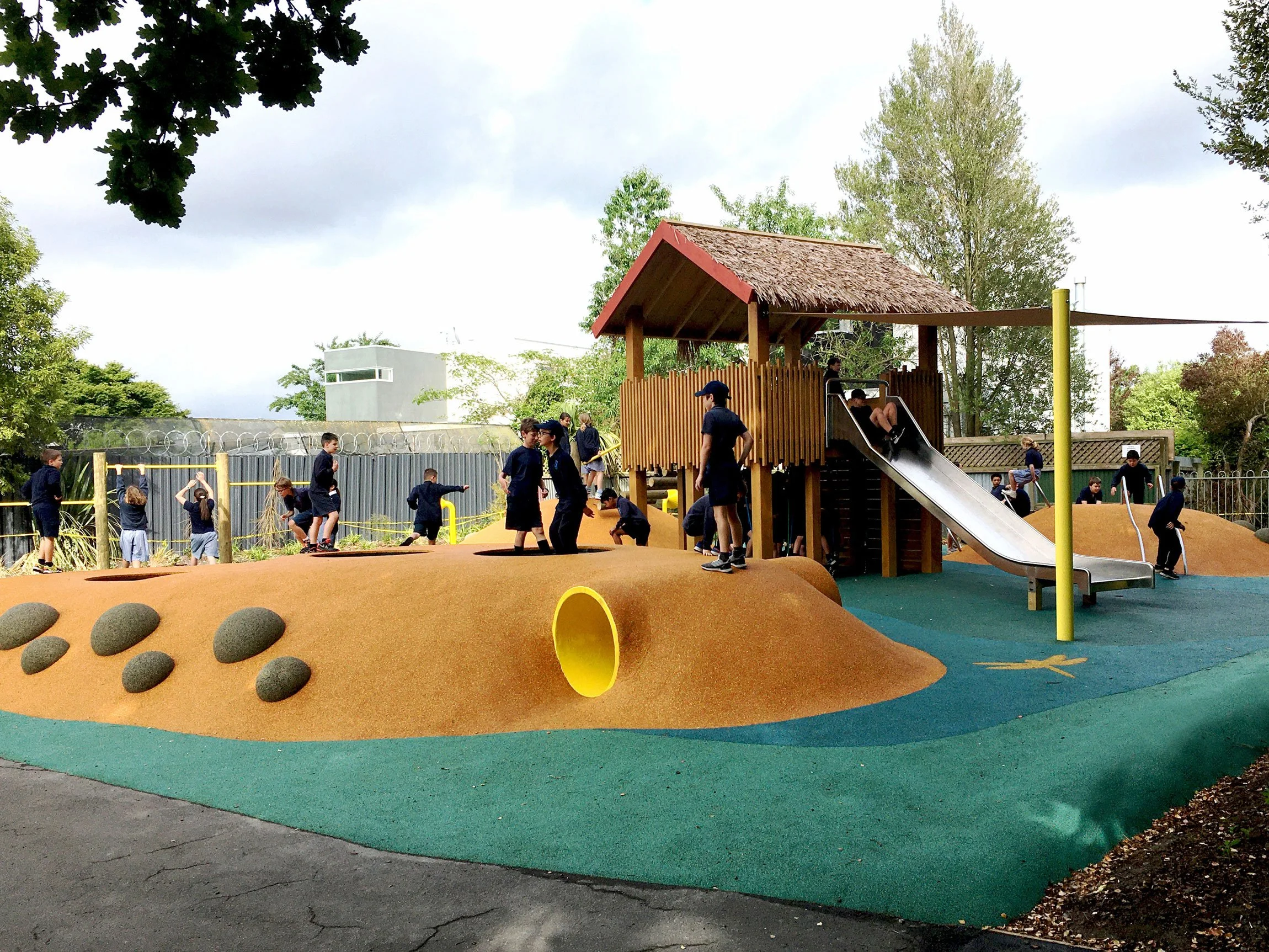Te Arawai playground mound and play structures by Botanic Landscape Architects in St Albans, Christchurch