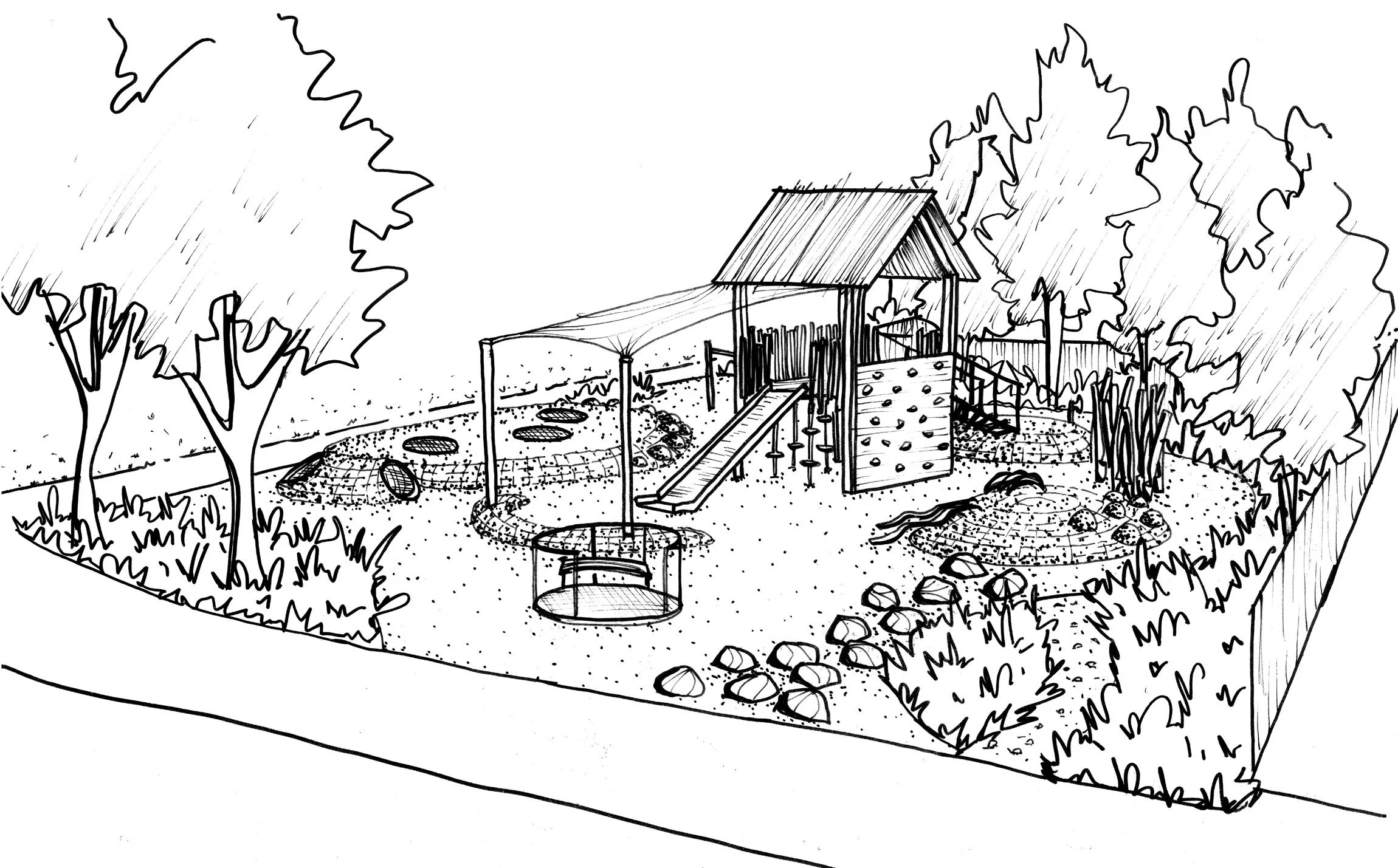 Te Arawai playground concept sketch by Botanic Landscape Architects in St Albans, Christchurch