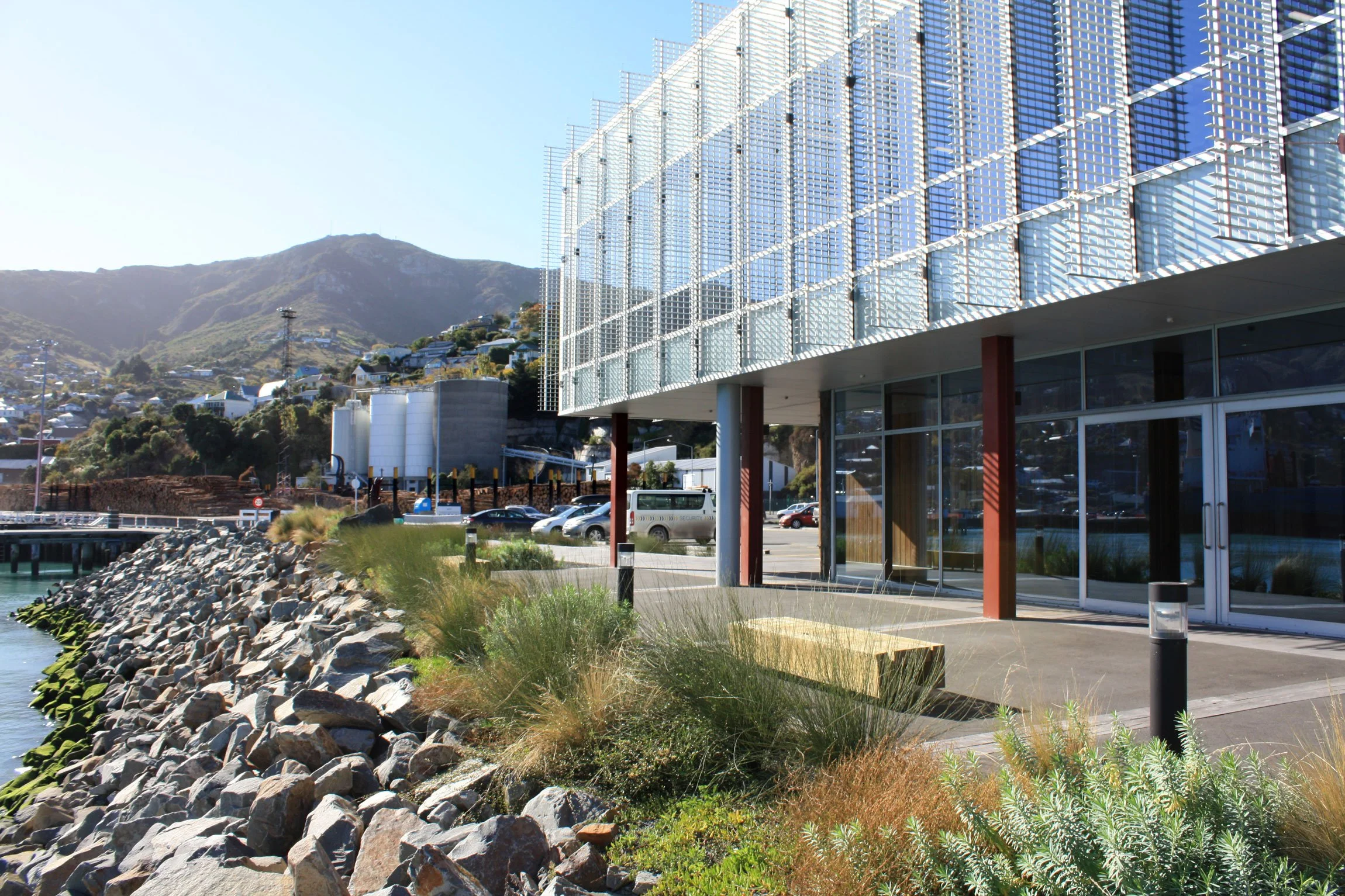 Coastal ecological planting above rip rap by Botanic Landscape Architects in Lyttelton, Christchurch