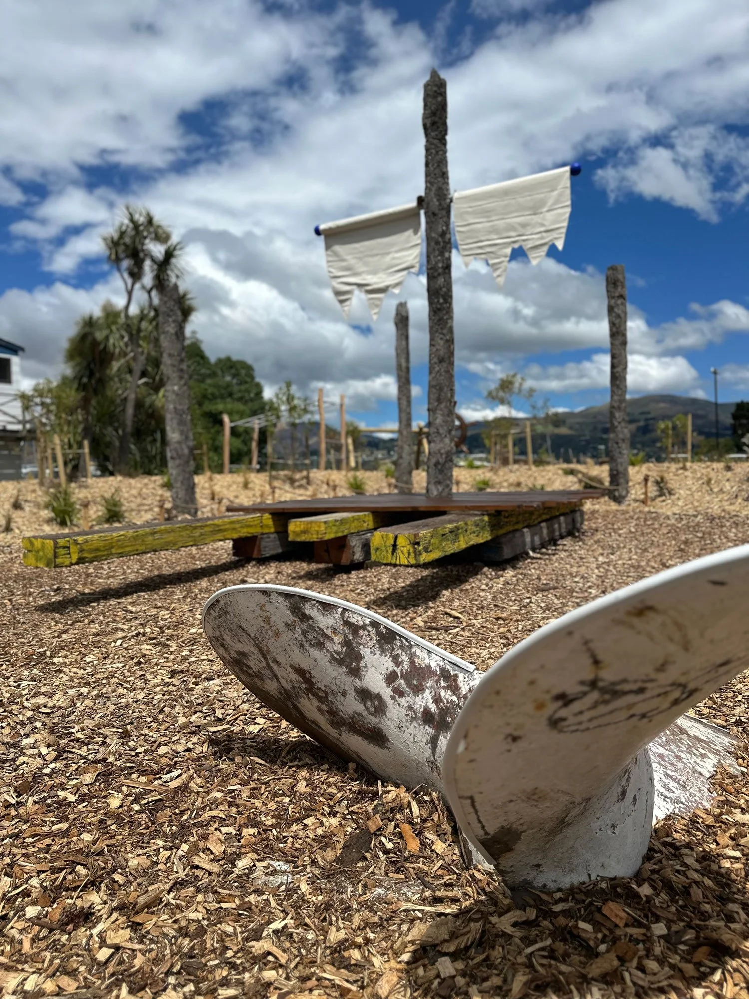 Using salvaged materials for play spaces by Botanic Landscape Architects in Lyttelton, Christchurch