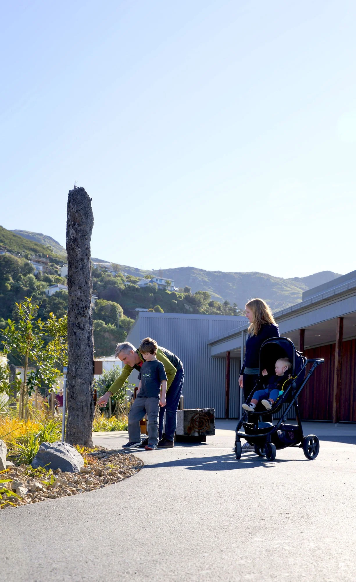 Fathom poles that reference the former topography by Botanic Landscape Architects in Lyttelton, Christchurch