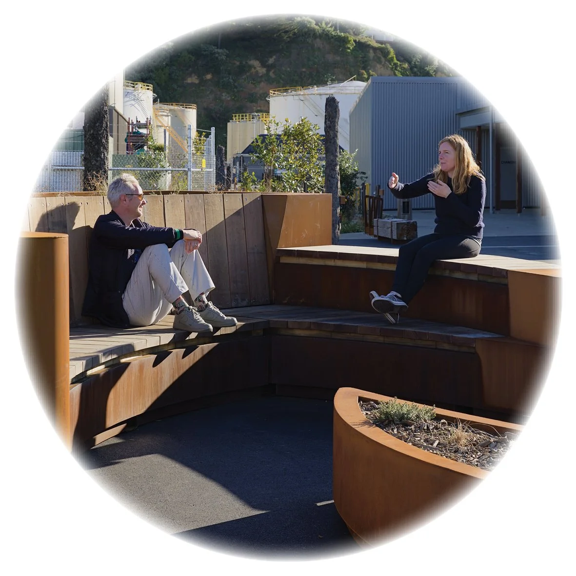 An integrated planter and seating sculptural element at Te Nukutai o Tapoa Naval Point Stage 3 Landscape - In collaboration with Ngāti Wheke and CCC.
