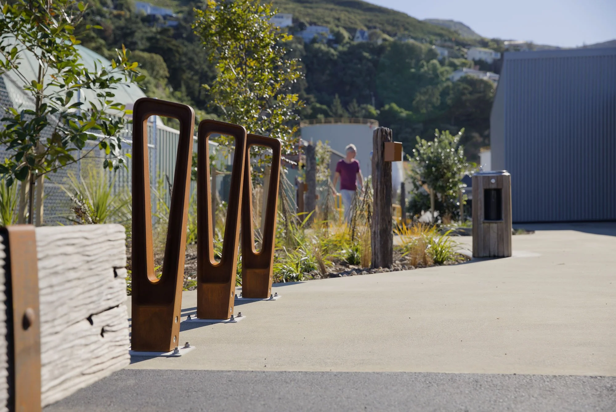Site furniture suite integrated into the conceptual theme by Botanic Landscape Architects in Lyttelton, Christchurch