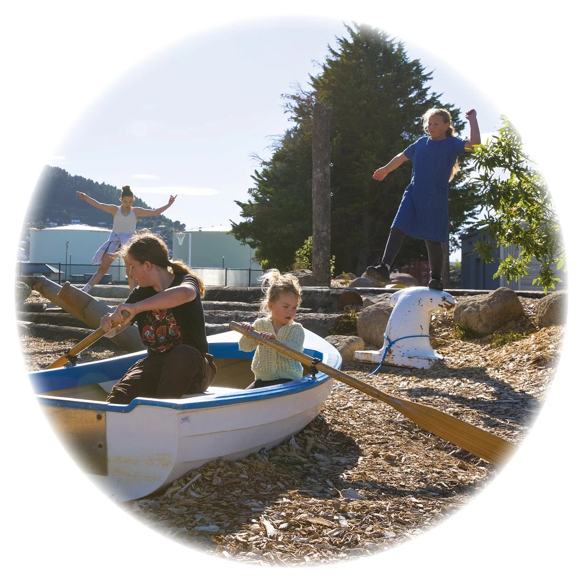 Marine relics and a dinghy are repurposed at Tapoa for intergenerational, imaginary play