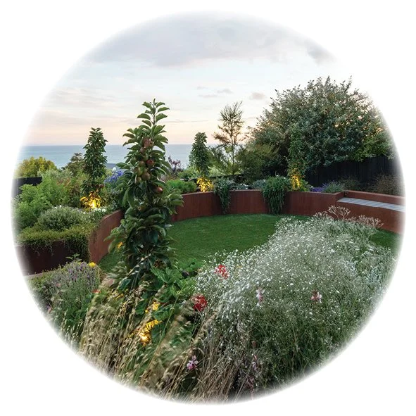 A hillside haven - a circular courtyard immersed in planting with views out to the coast
