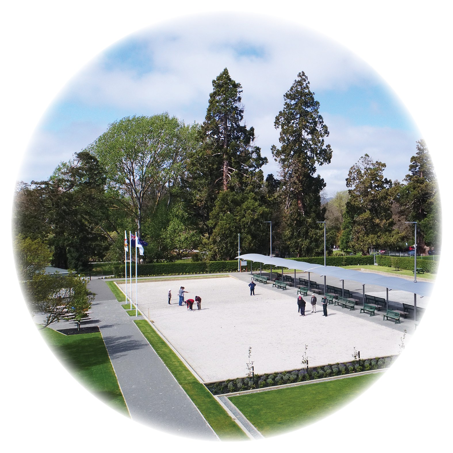 Christchurch Petanque Club courts and amenity area, set in the Christchurch Botanic Gardens