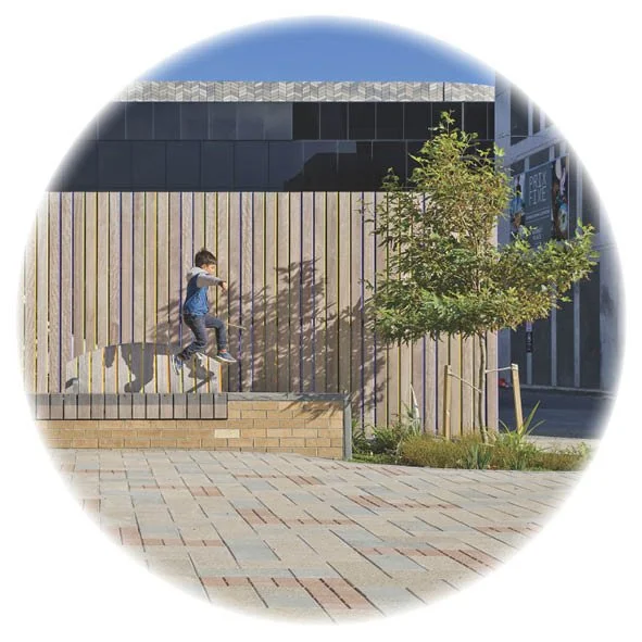The Court Theatre, in the heart of the Christchurch Performing Arts Precinct includes interactive sculptures and spaces to relax in the sun. Designed in collaboration with mana whenua and Gap Filler. 