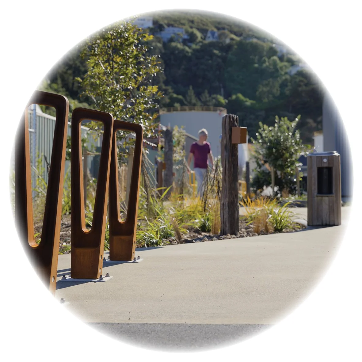 A suite of site furniture embraces the local vernacular of repurposed wharf timbers and rusticated metals at Tapoa.