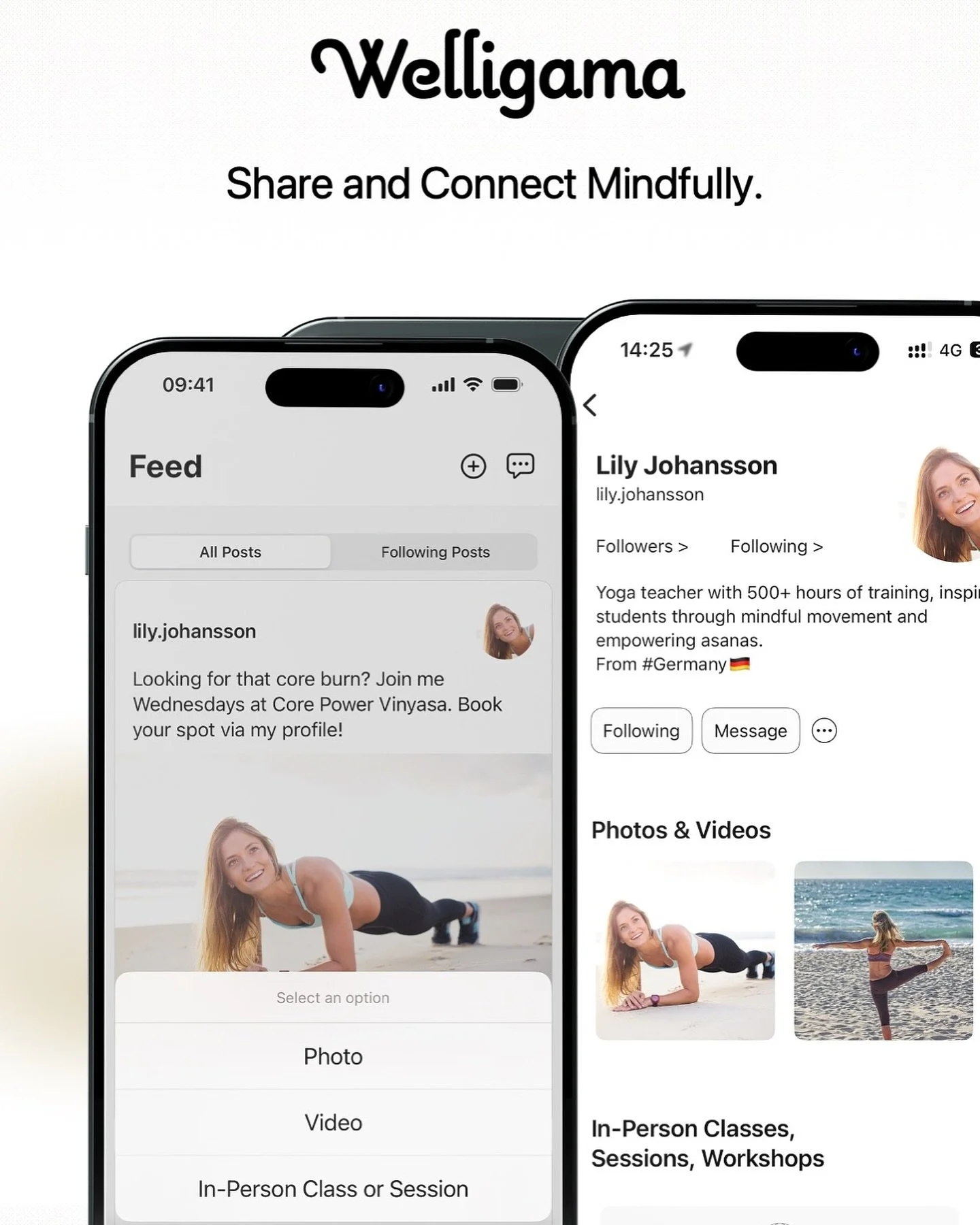 On Welligama you can share your own wellbeing experience and offerings with other users on the platform. Go to the Feed tab and share a photo, video or even a class that you are teaching. All your posts will be shown on the Feed and in your Profile. 