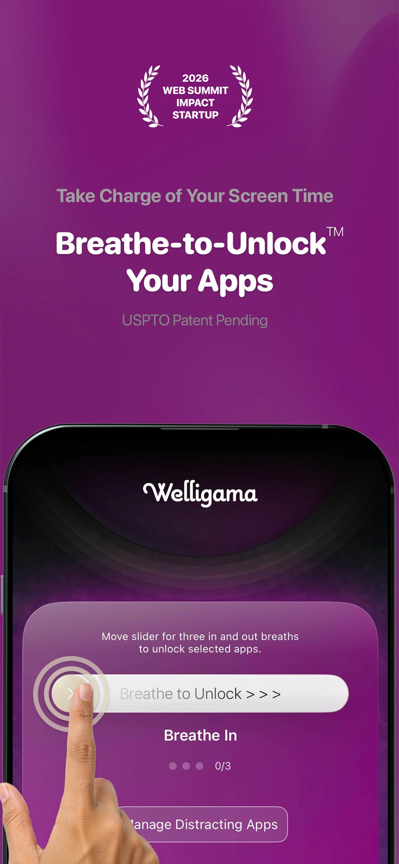A promotional poster for a 2026 web summit startup event, encouraging users to take charge of their screen time with a feature called Breathe-to-Unlock. The poster shows a smartphone with a finger on the screen demonstrating the breathing exercise to unlock apps, against a purple background.