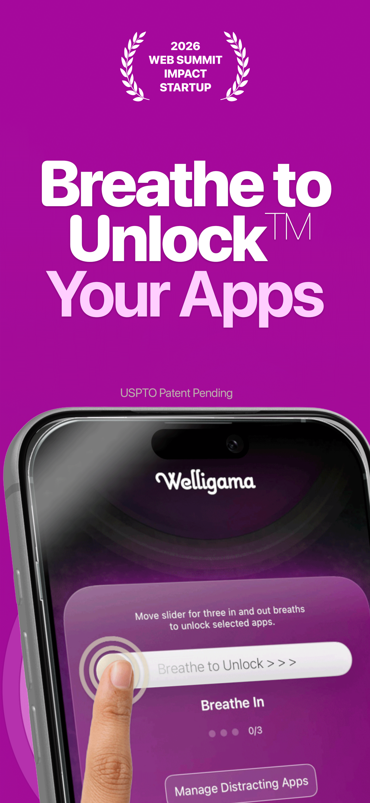 Advertising poster for a mobile app called Welligama, promoting a feature called Breathe-to-Unlock Your Apps with instructions to move the slider for three in and out breaths to unlock the apps, with a background in purple gradient and a partially visible phone showing the app interface.