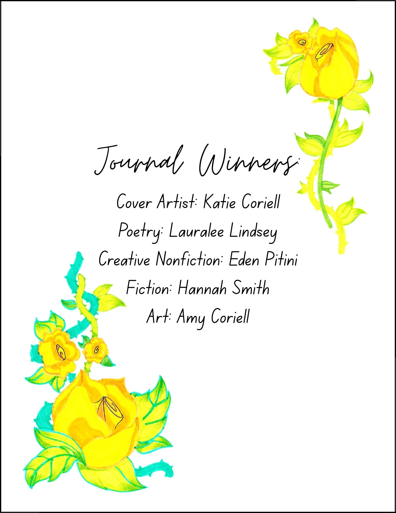 Back Cover, featuring student 2025 winners, Cover Design using Coriell's artwork by Eden Pitini