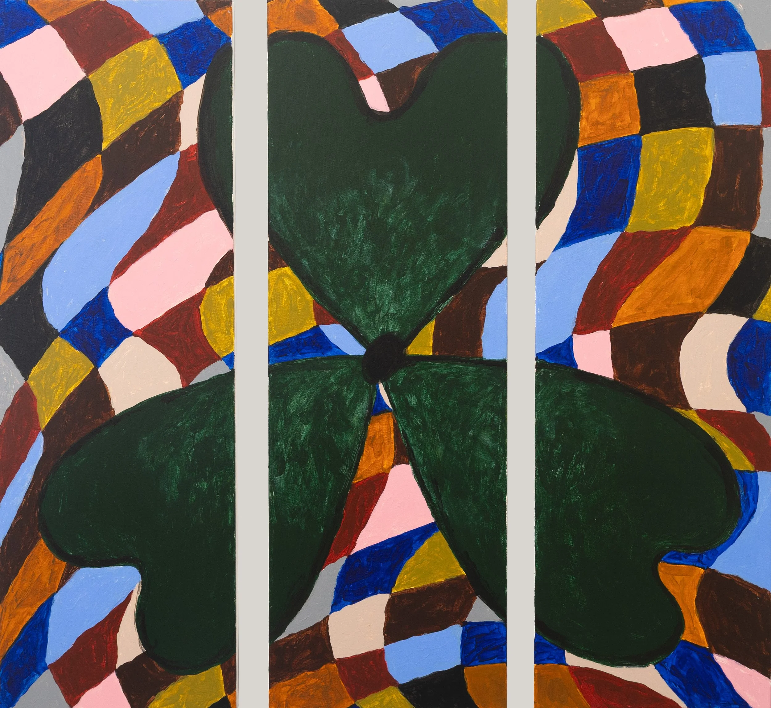 Are the Answers in the Flower of Love?, 2026. Acrylic on canvas, 36 x 12 in. (three panels)