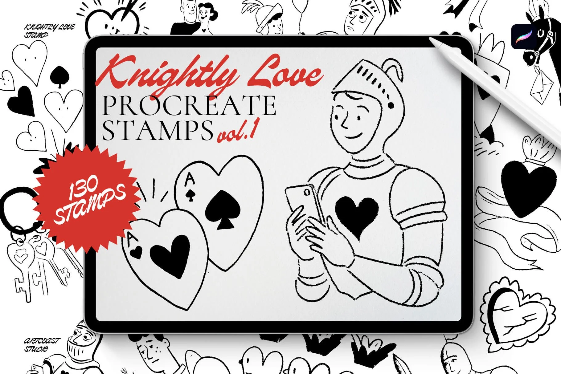 Knightly Love Procreate Stamps Vol. 1 featuring 130 romantic hand-drawn stamps for Procreate with hearts, cupids, knights, bows, and vintage love elements.