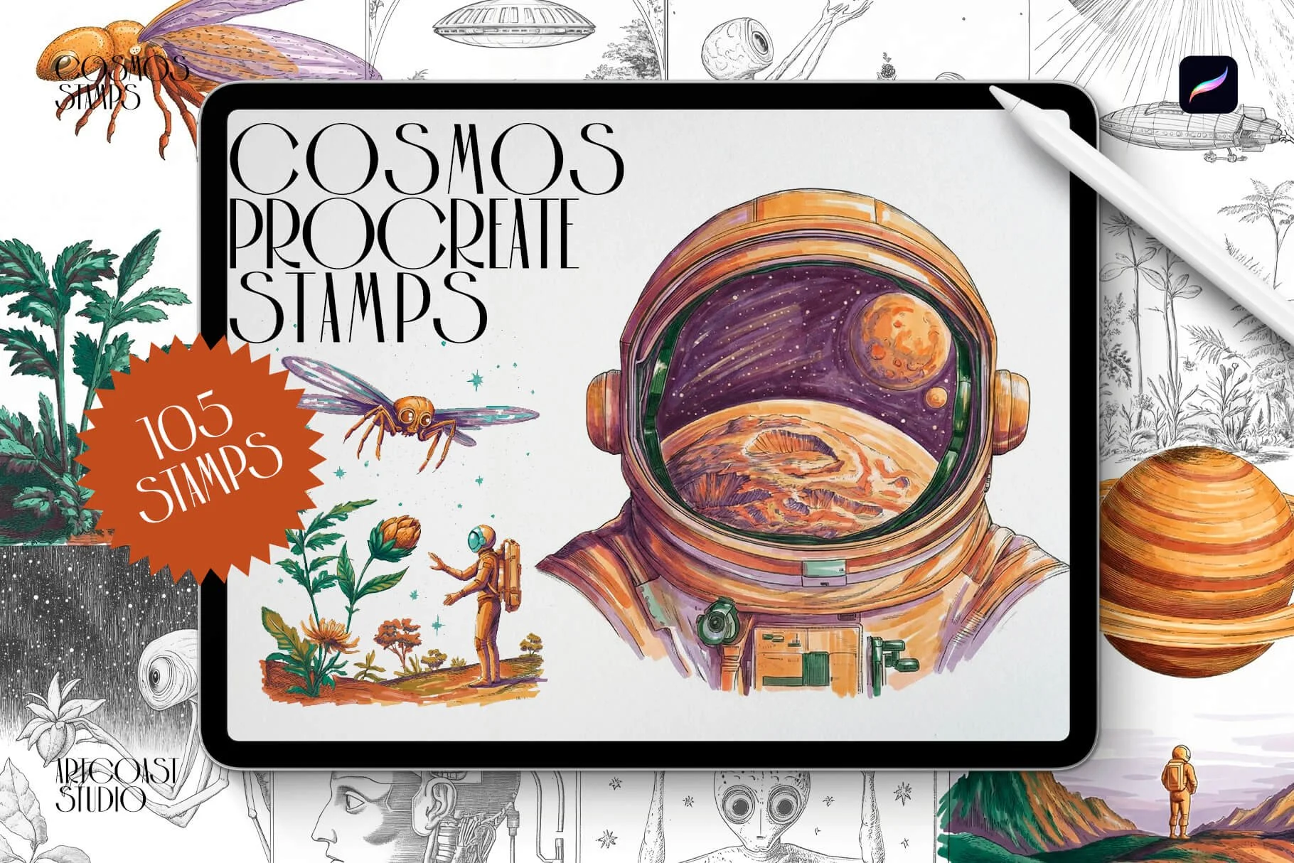 cosmos, procreate stamps, sci fi stamps, retro sci fi, space stamps, alien, astronaut, planets, spacecraft, surreal, futuristic, digital art