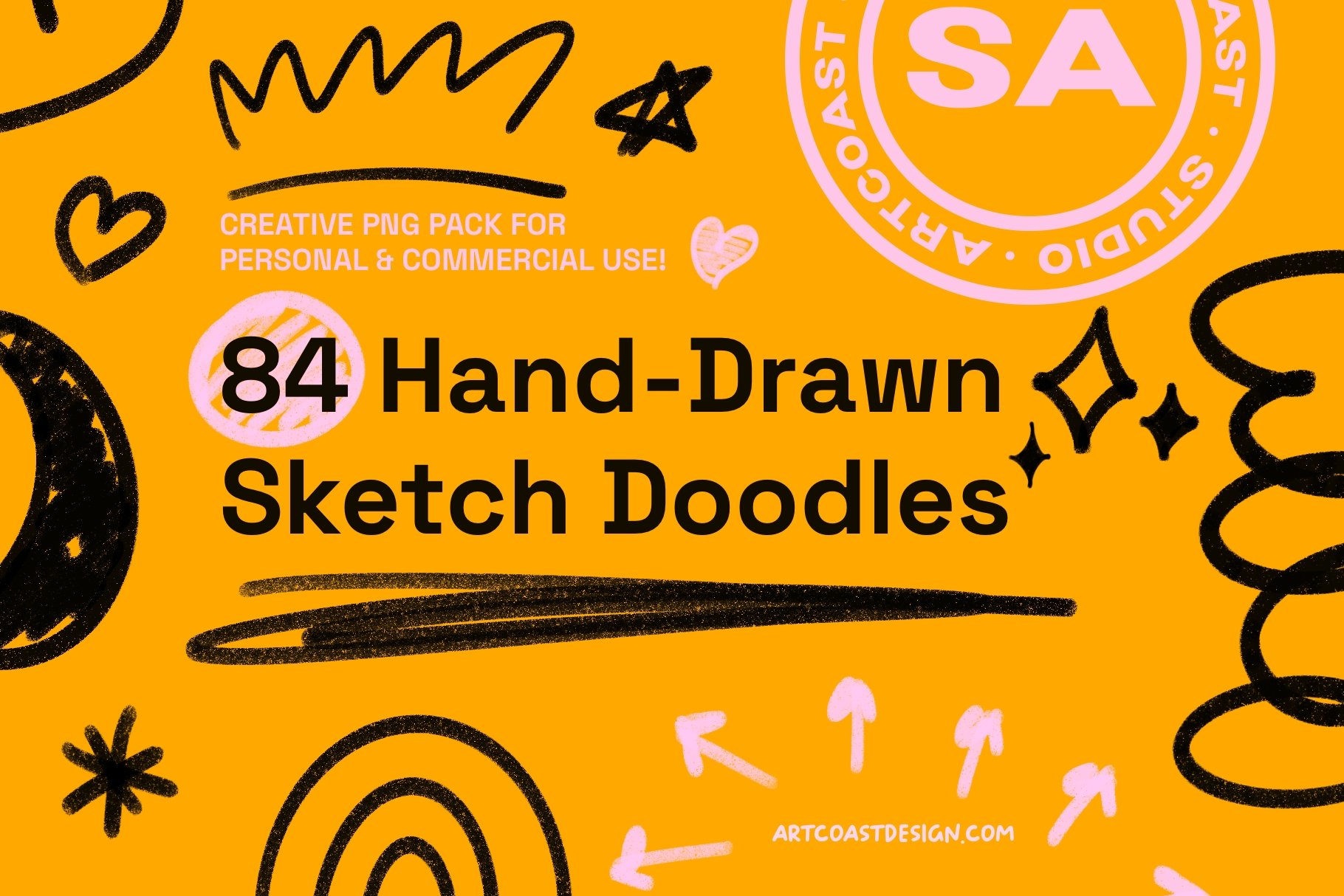 84 Hand-Drawn Sketch Doodles – PNG Elements for Creative Projects
