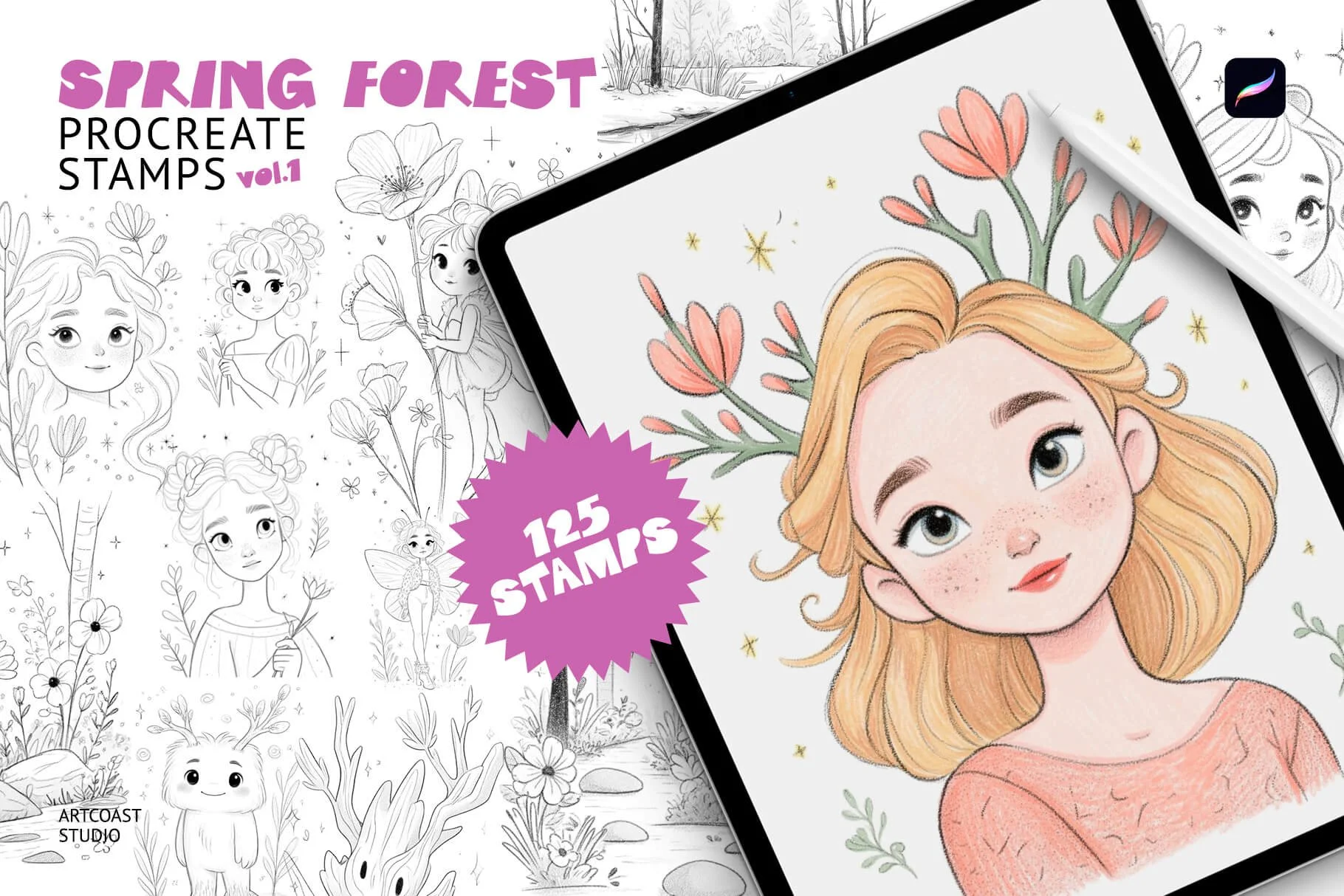 Download 125 whimsical Procreate stamps with fairies, deer, flowers, mushrooms, and woodland elements. Perfect for cute illustrations, stickers, posters, and magical spring artwork.