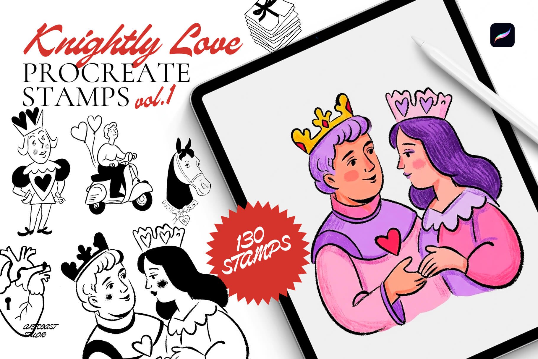 Knightly Love Procreate Stamps Vol. 1 featuring 130 romantic hand-drawn stamps for Procreate with hearts, cupids, knights, bows, and vintage love elements.
