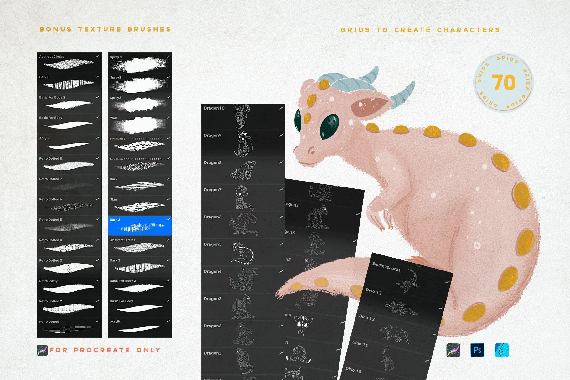 Dragons & Dinosaurs Grids for Procreate, Photoshop