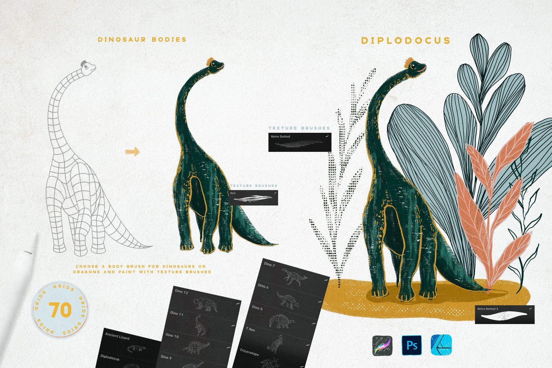 Dragons & Dinosaurs Grids for Procreate, Photoshop