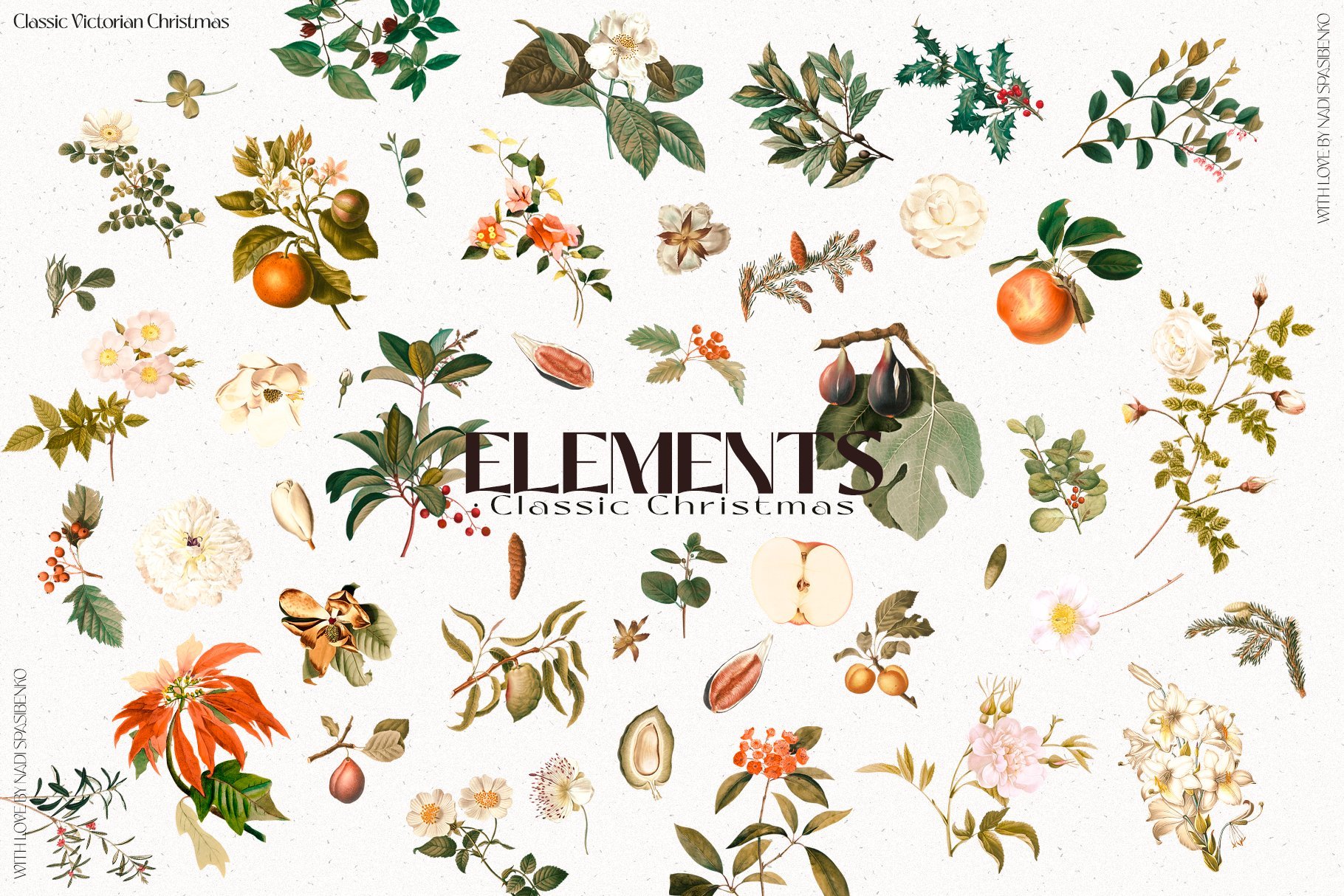 Flower Clipart, Classic Christmas Clipart, Collage Art