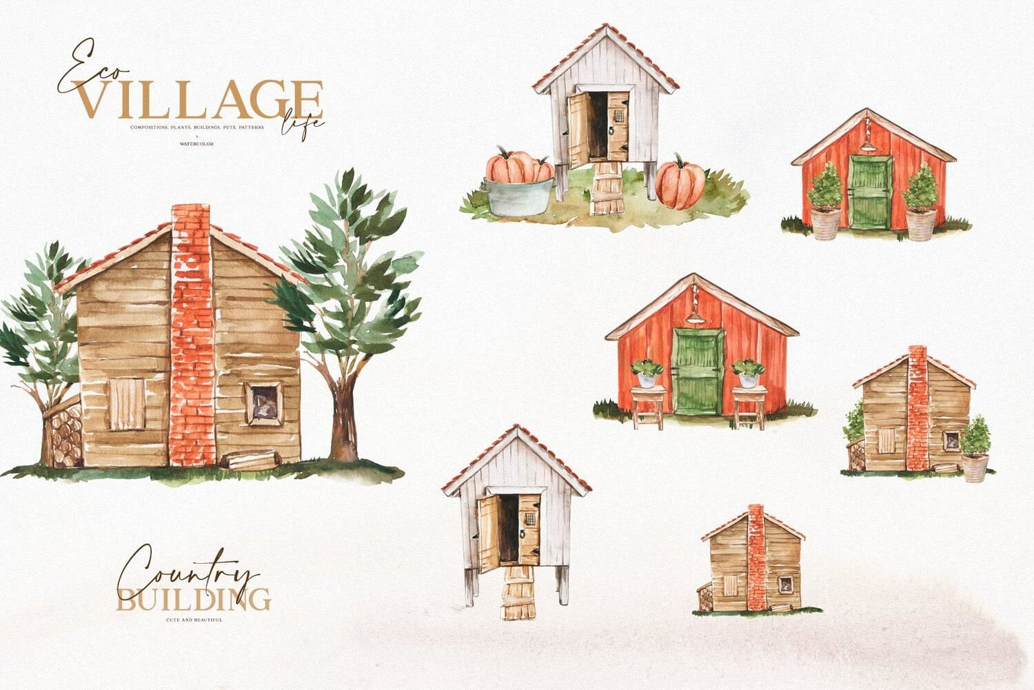 Eco Village Watercolor Illustration Collection