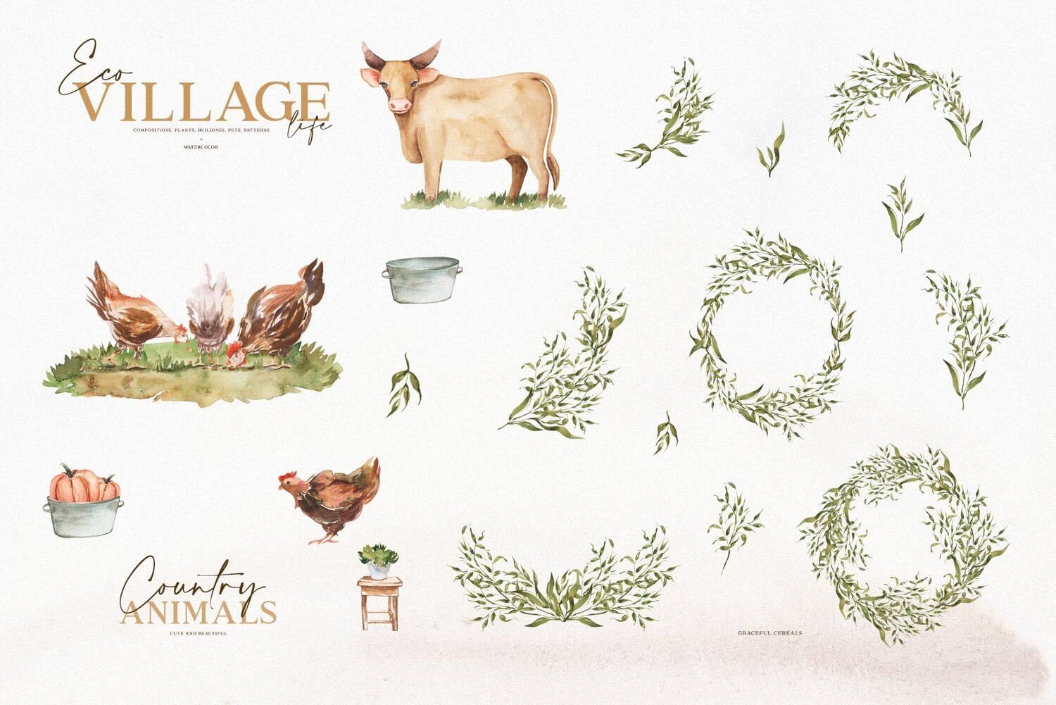 Eco Village Watercolor Illustration Collection