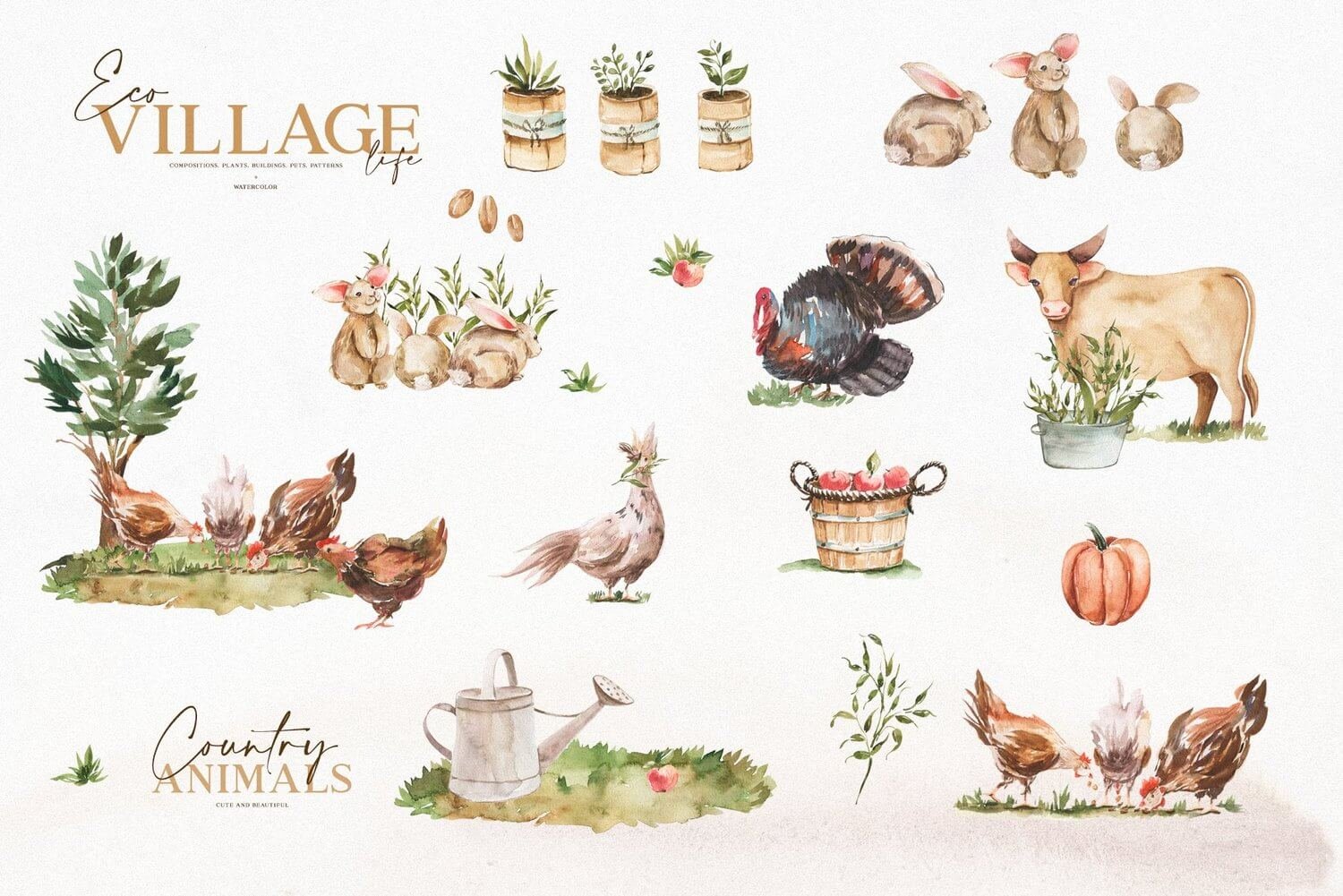 Eco Village Watercolor Illustration Collection