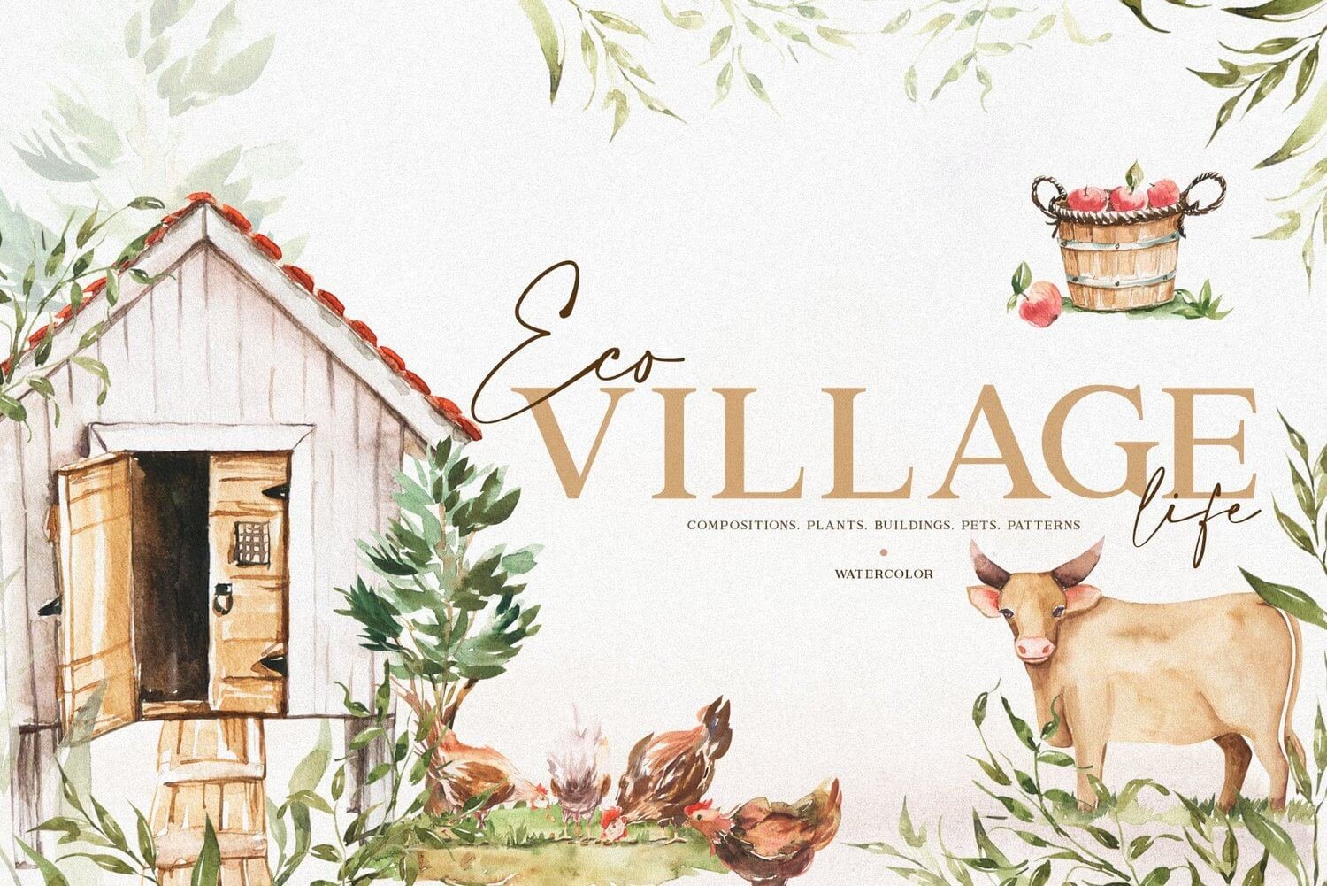 Eco Village Watercolor Clipart – Farm Animals & Rustic Nature