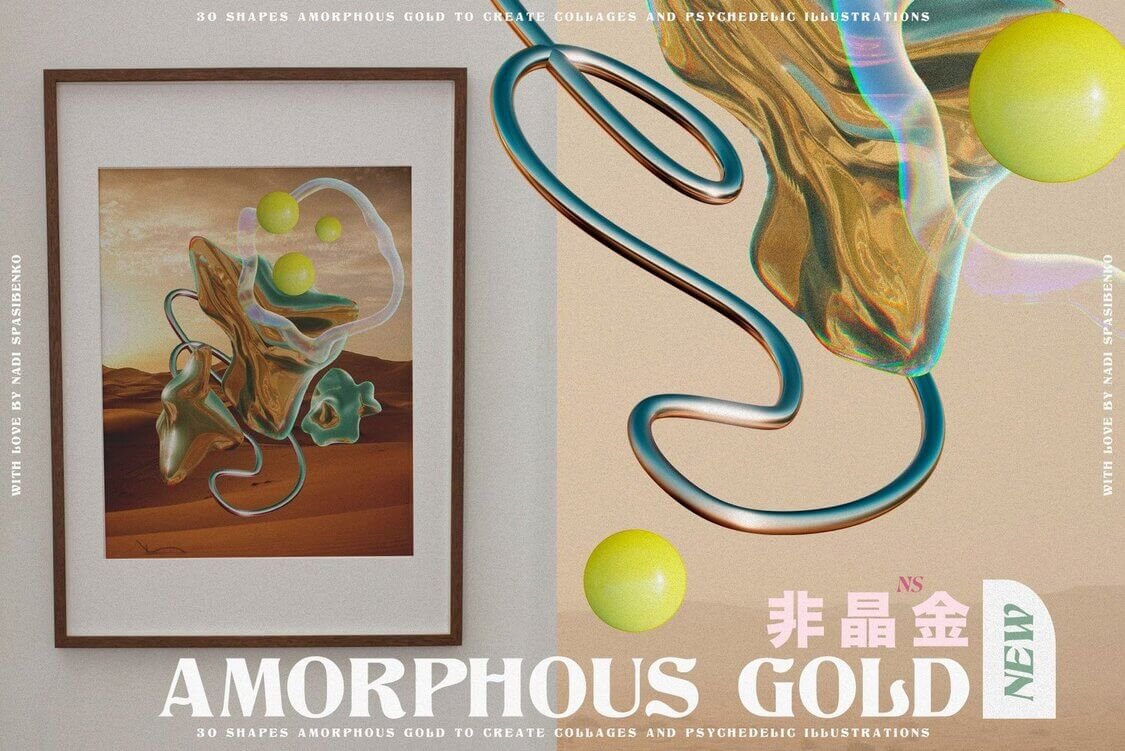 Amorphous Liquid Gold PNG Shapes 3D Objects Background Gradient Textures