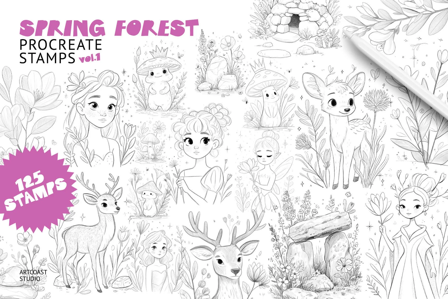 Download 125 whimsical Procreate stamps with fairies, deer, flowers, mushrooms, and woodland elements. Perfect for cute illustrations, stickers, posters, and magical spring artwork.