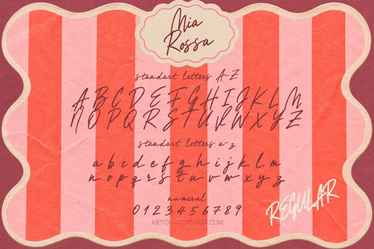 Mia Rossa uppercase and lowercase alphabet with numerals and punctuation.
