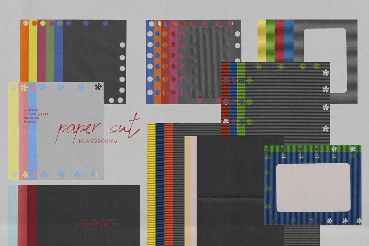 Handcrafted paper cut-out bundle for digital scrapbooking and editorial design. Includes transparent PNG confetti, frames, and high-res crepe paper backgrounds.