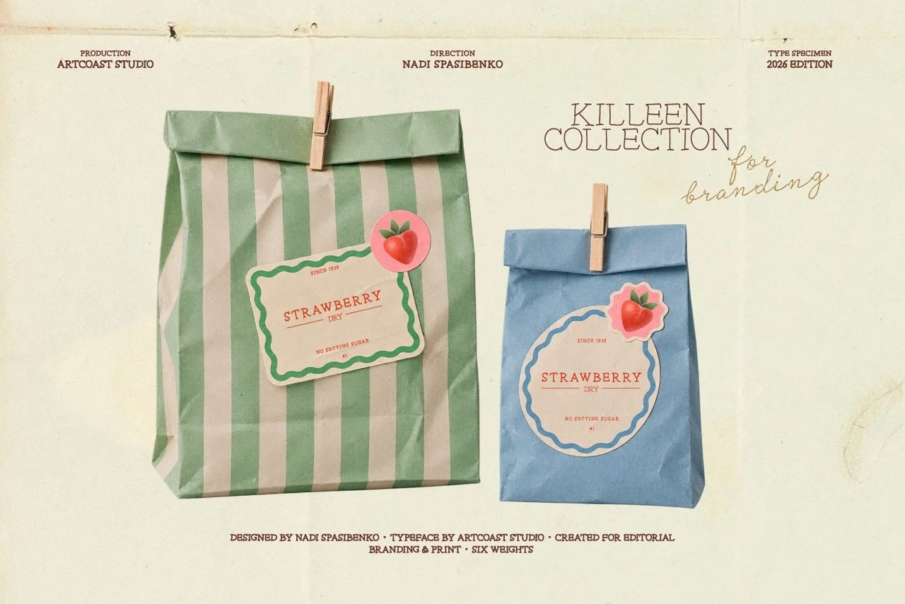 Killeen serif font used on vintage strawberry packaging designs
