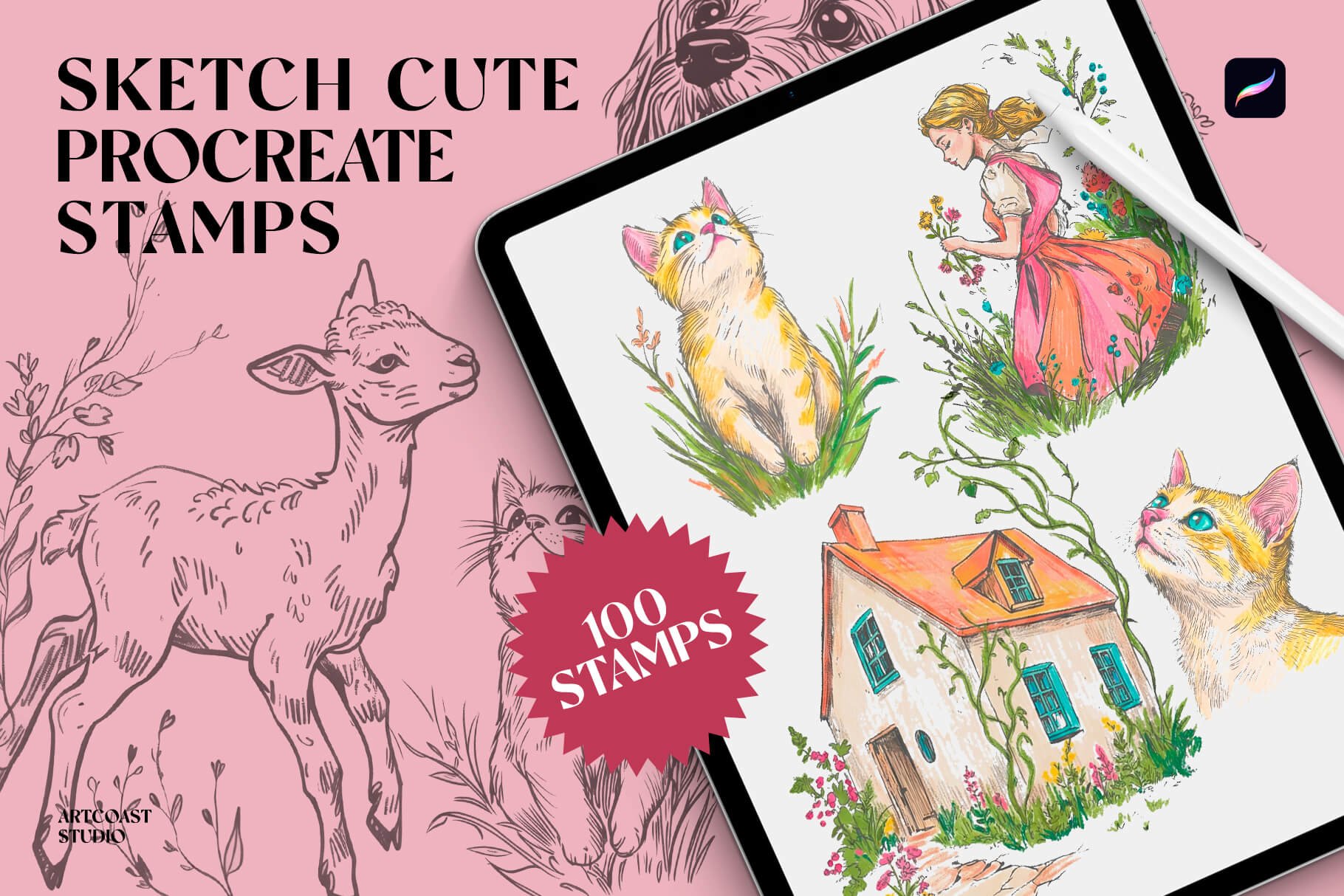 Download 100 cute Procreate stamps with whimsical girls, animals, flowers, houses, and sketch-style elements. Perfect for cozy illustrations, posters, stickers, and creative digital art.