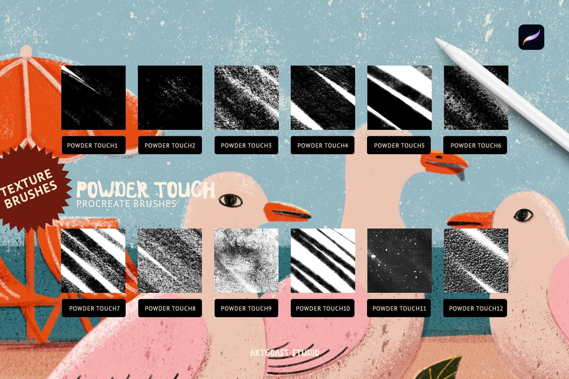 Procreate texture brushes, grainy brushes, digital illustration tools, retro art style, grain shading, iPad art supplies, Artcoast Studio brushes